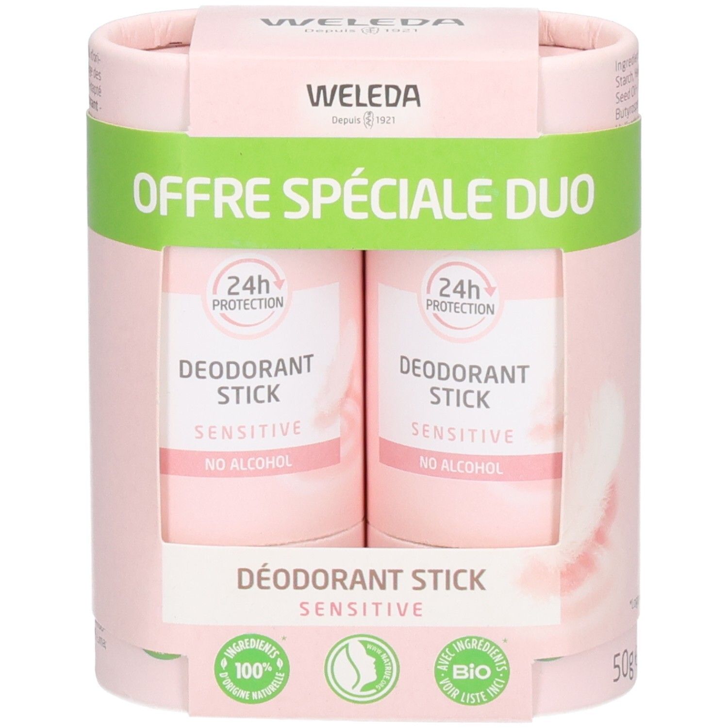Zwei Deodorant-Sticks in rosa Verpackung. Aufschrift: "OFFRE SPÉCIALE DUO". Logo und Schriftzug "WELEDA".