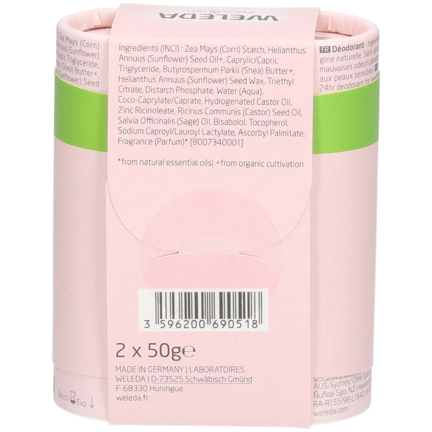 Rückseite der Verpackung mit Inhaltsstoffen und Herstellerinformationen. Aufschrift: "2 x 50g".