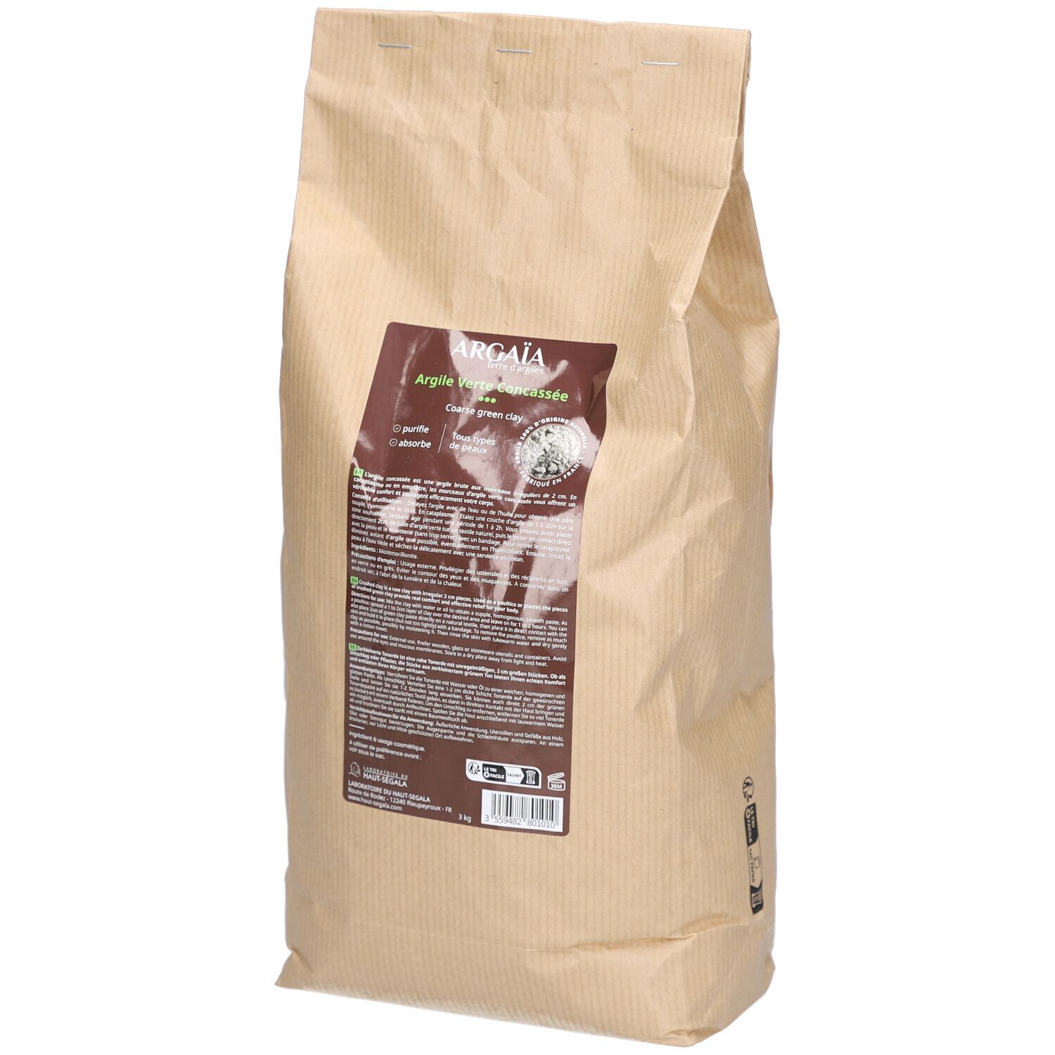 Brauner Papierbeutel. Aufkleber mit Produktinformationen: Argïa Argile Verte concassée naturelle.