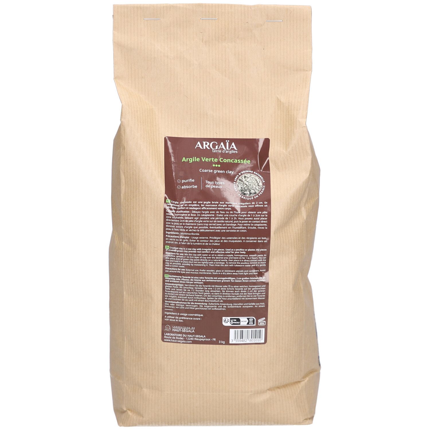 Brauner Papierbeutel. Aufkleber mit Produktinformationen: Argïa Argile Verte concassée.