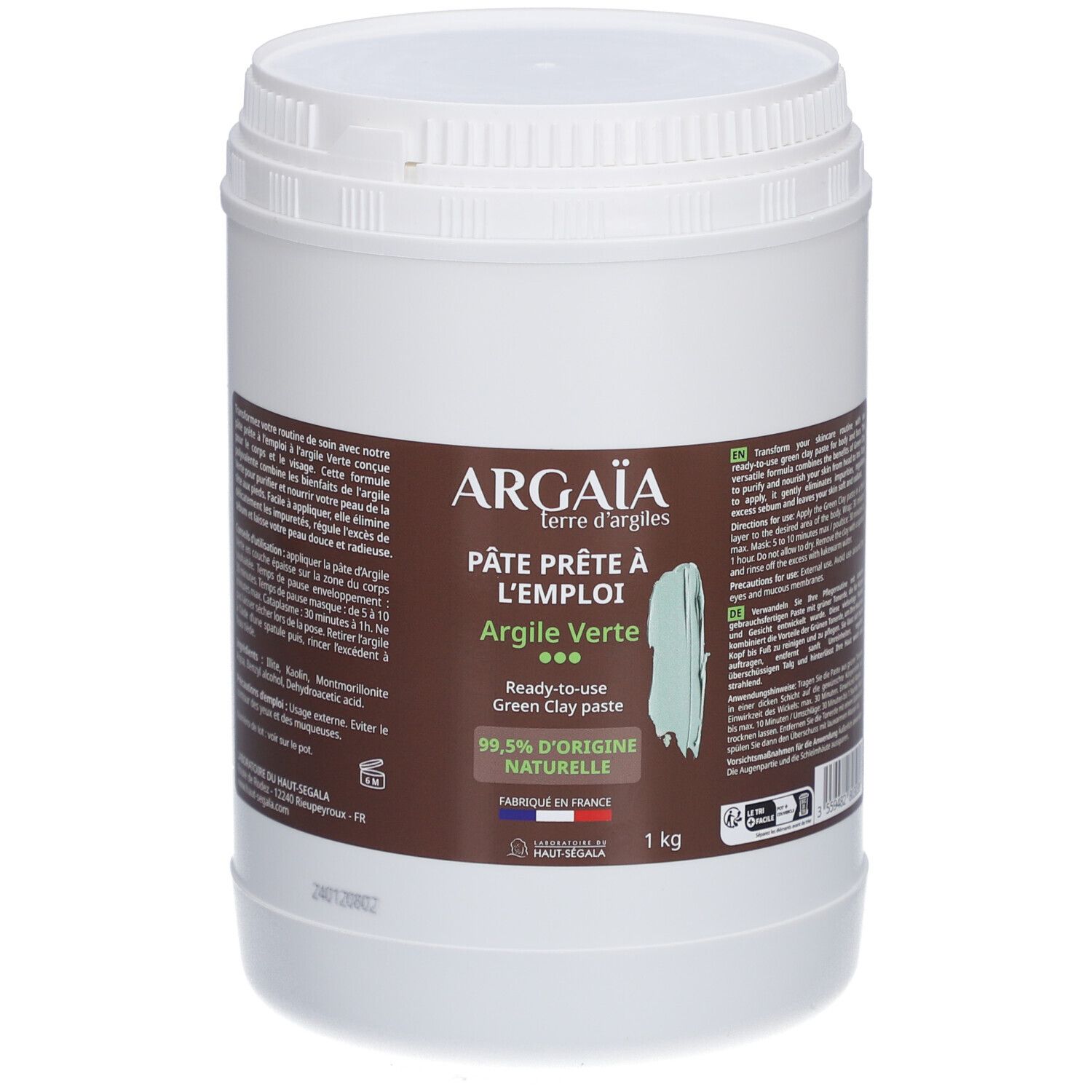 Seau blanc avec étiquette marron. Inscription: Argaia, Pâte prête à l'emploi, Argile Verte. 1 kg. Pâte d'argile verte.