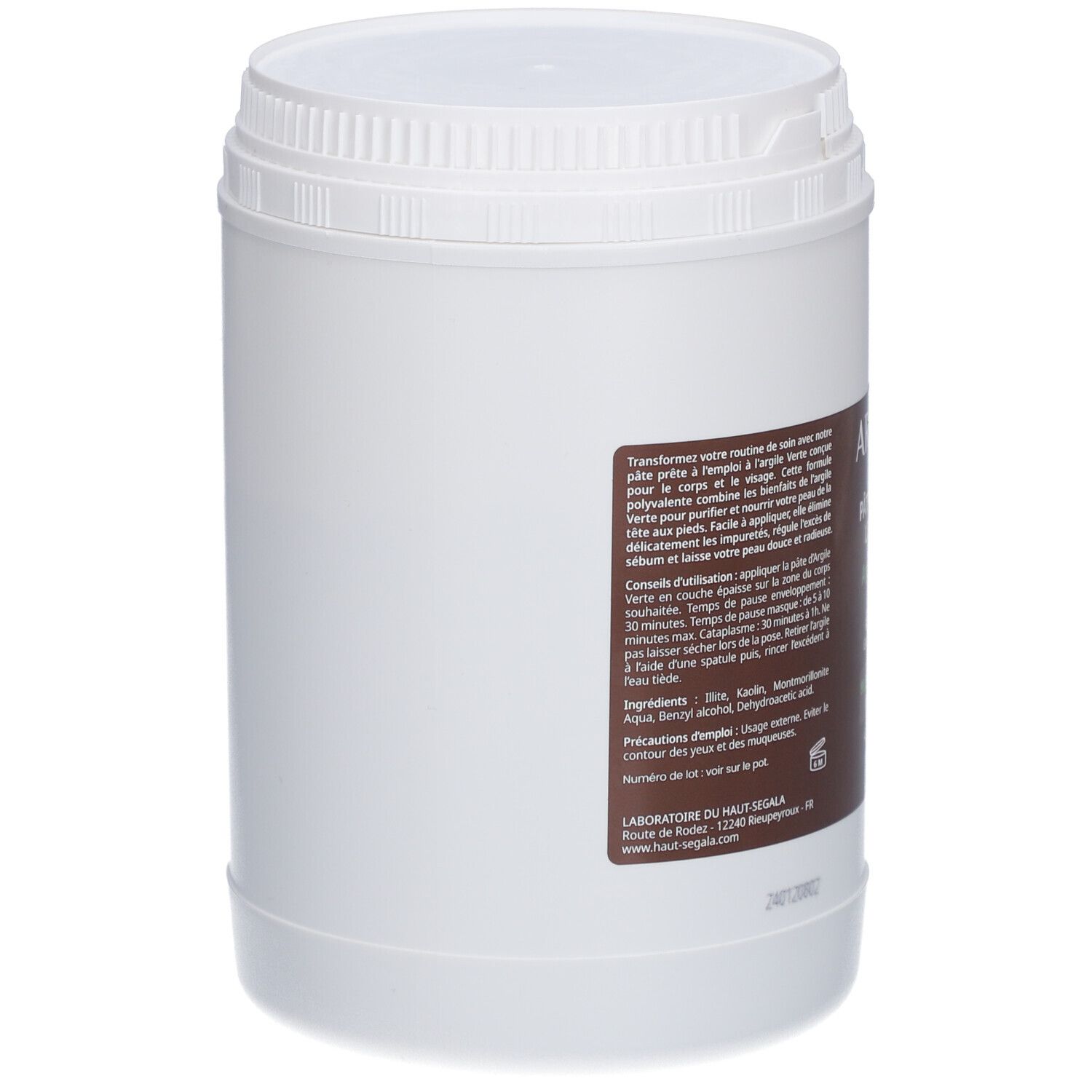Seau blanc avec étiquette marron. Inscription: Argaia, Pâte prête à l'emploi, Argile Verte. 1 kg. Pâte d'argile verte.
