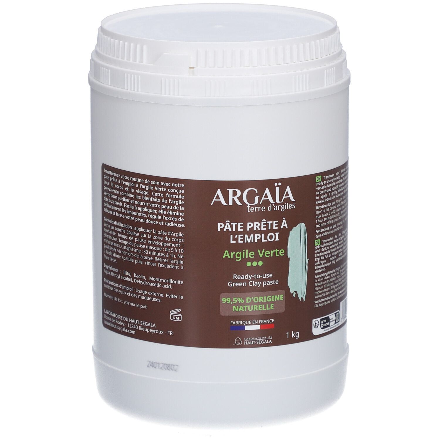 Seau blanc avec étiquette marron. Inscription: Argaia, Pâte prête à l'emploi, Argile Verte. 1 kg. Pâte d'argile verte.