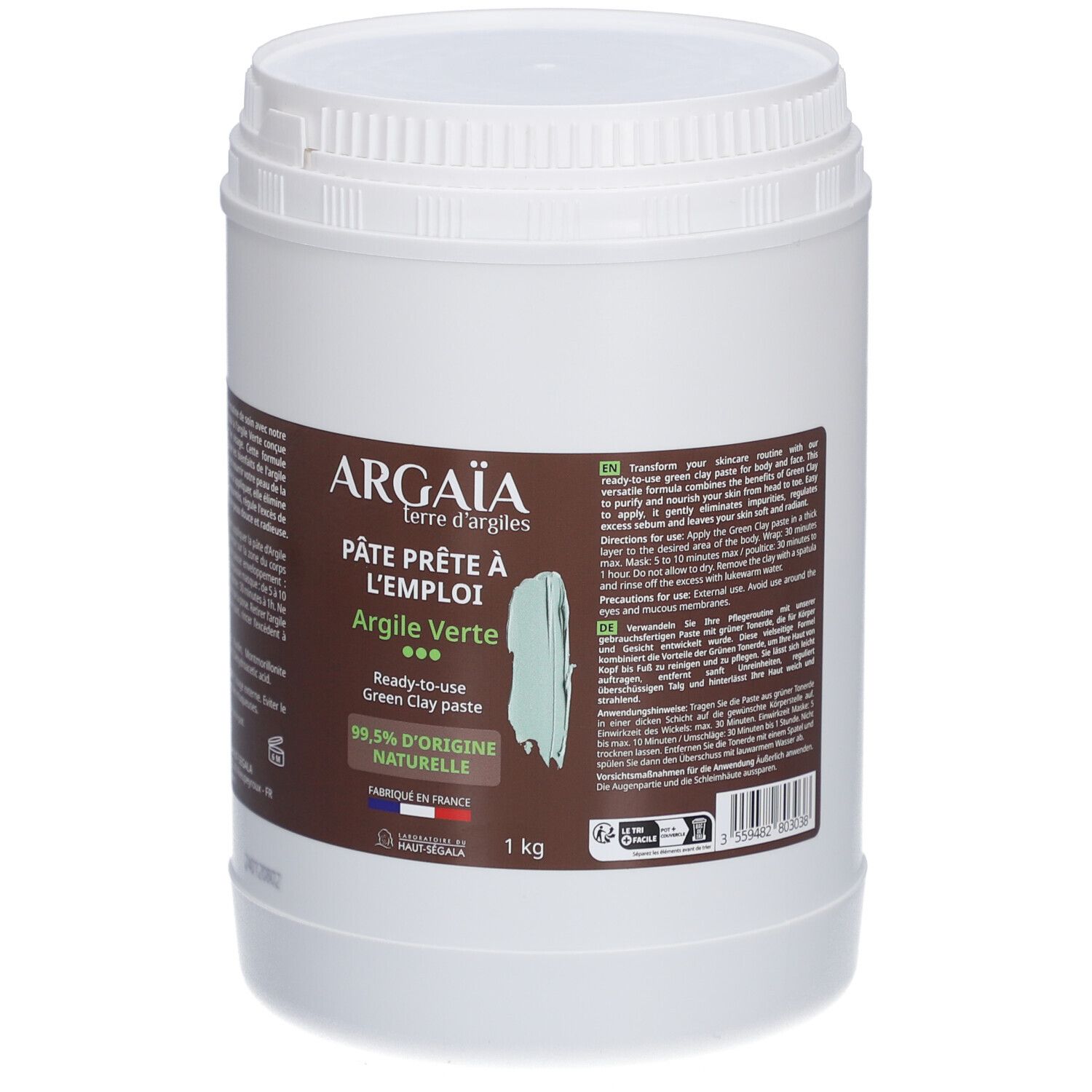 Seau blanc avec étiquette marron. Inscription: Argaia, Pâte prête à l'emploi, Argile Verte. 1 kg. Pâte d'argile verte.
