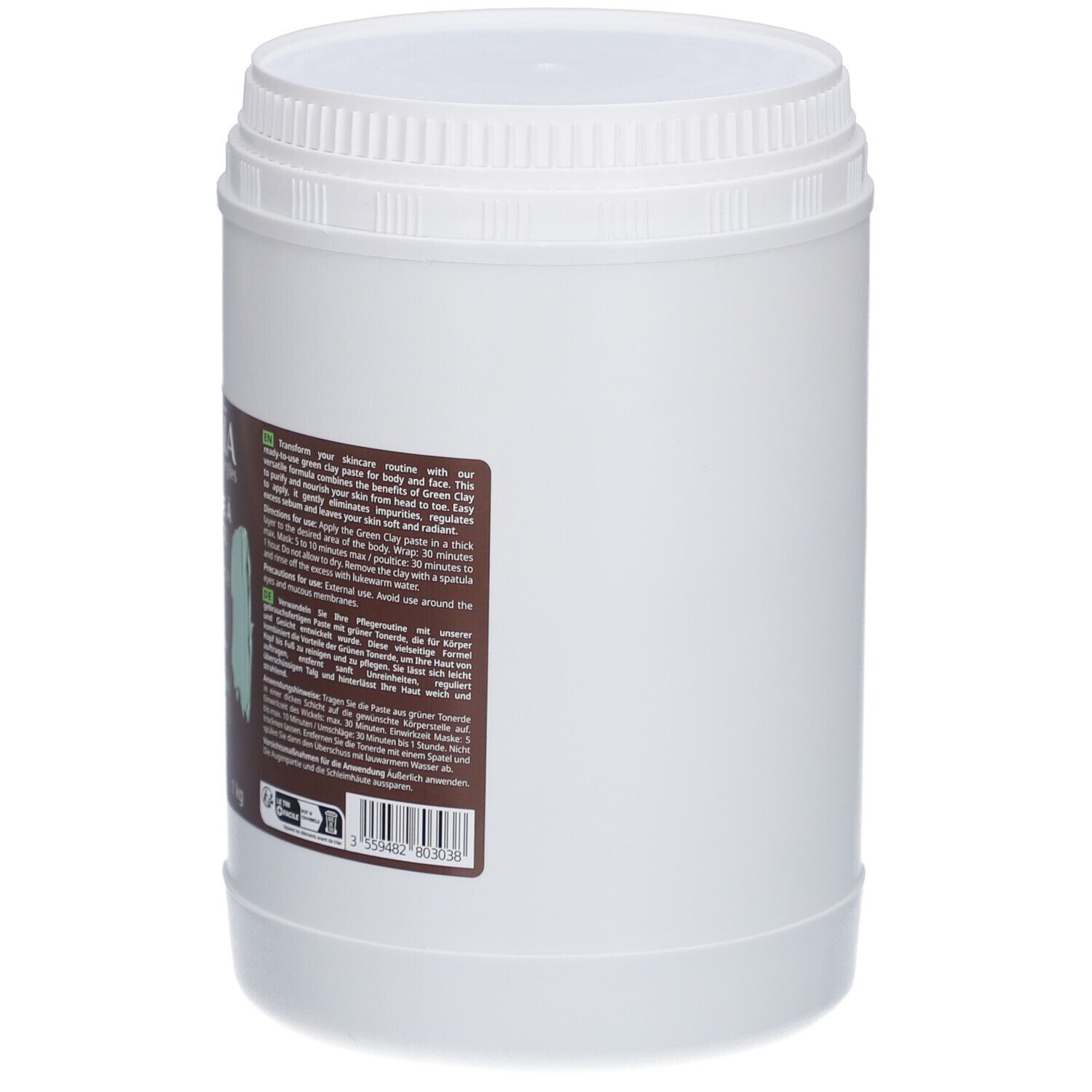 Seau blanc avec étiquette marron. Inscription: Argaia, Pâte prête à l'emploi, Argile Verte. 1 kg. Pâte d'argile verte.