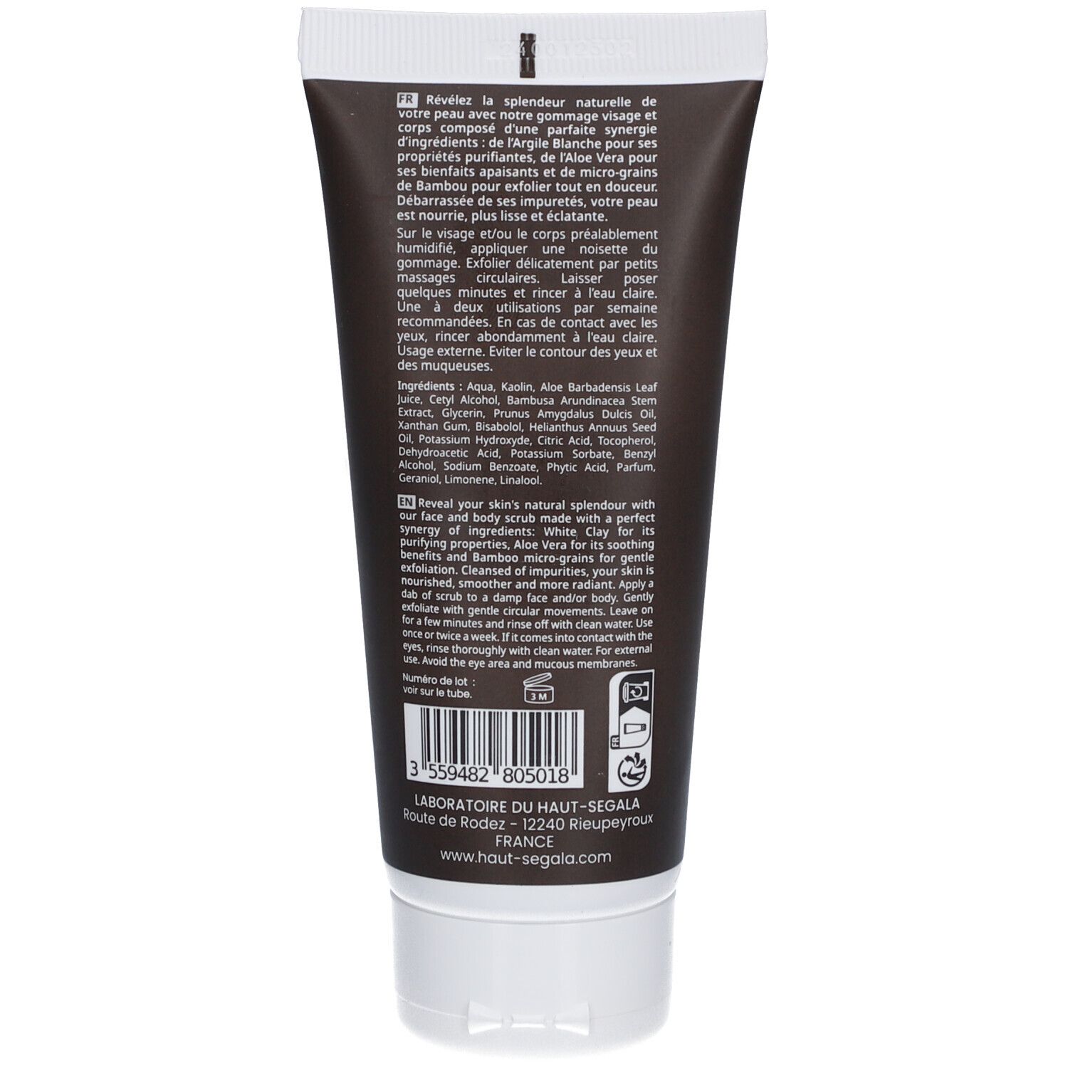 Dos du tube de gommage pour le corps. Texte et ingrédients sur fond noir. Bouchon blanc.