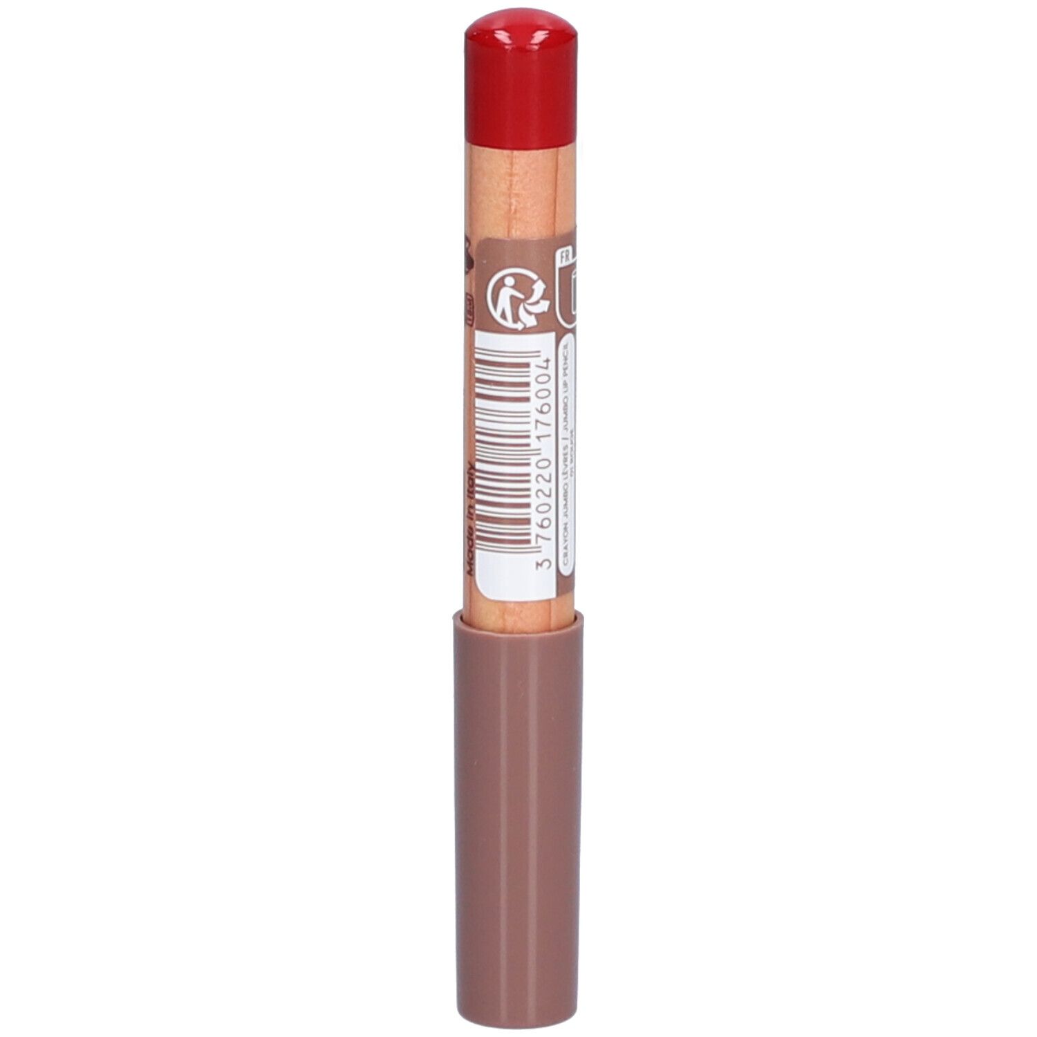 Crayon à lèvres avec capuchon rouge. Inscriptions sur le crayon.
