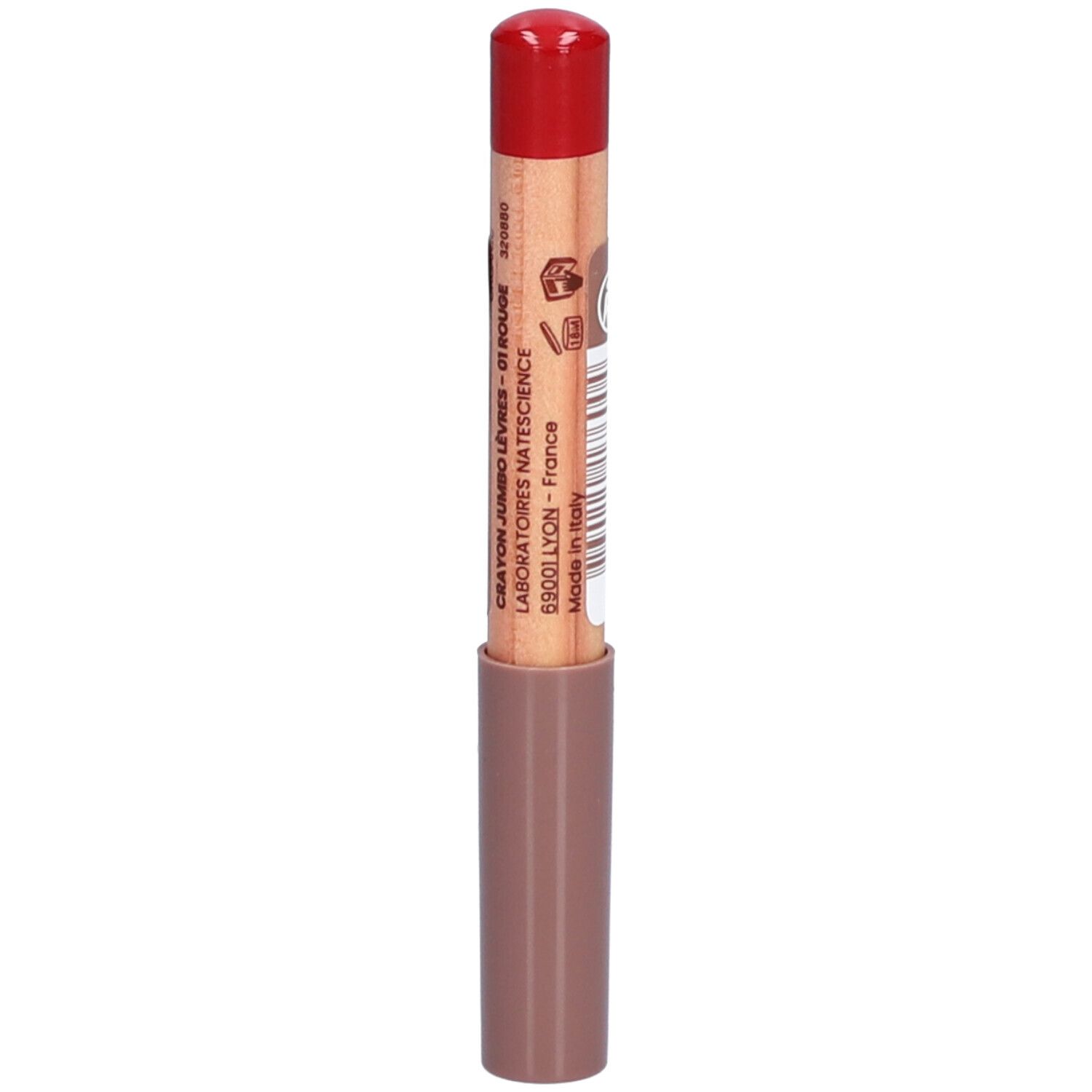 Crayon à lèvres avec capuchon rouge. Inscriptions sur le crayon.