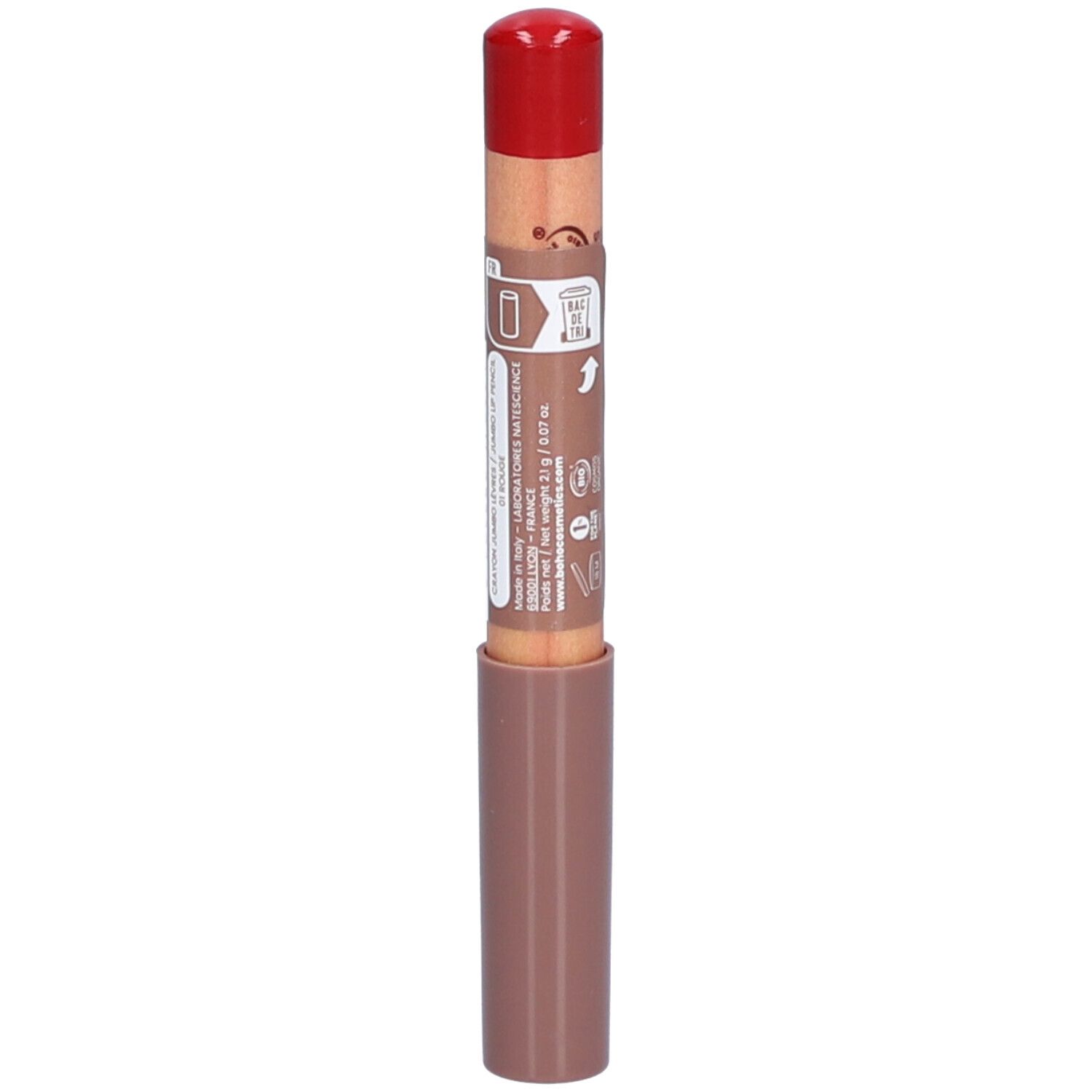 Crayon à lèvres avec capuchon rouge. Inscriptions sur le crayon.