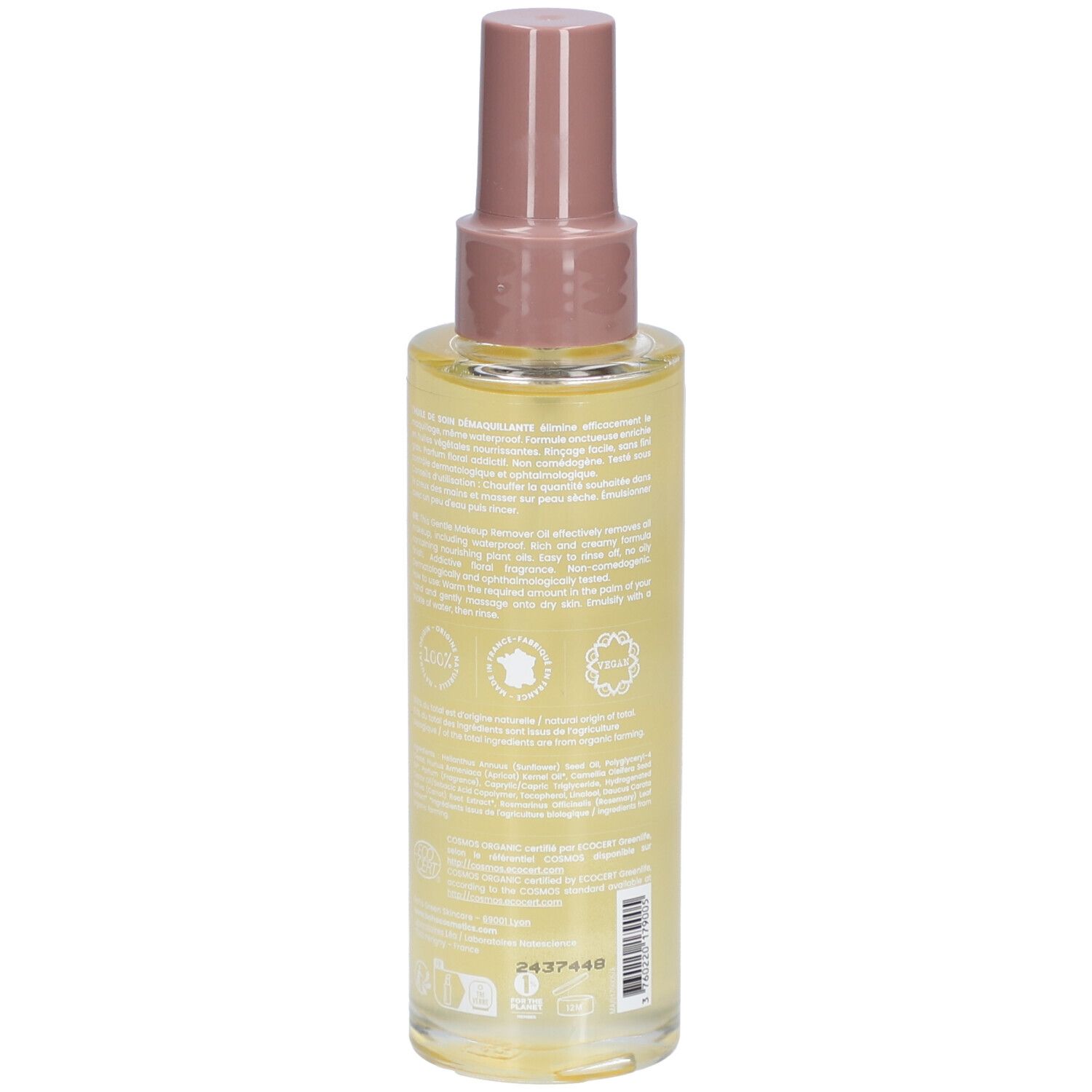 Rückseite einer Sprühflasche mit Öl. Text auf Etikett. Bio-Zertifizierung und weitere Logos.