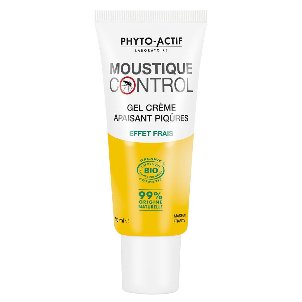Tube blanc, étiquette jaune. Inscription: PHYTO-ACTIF, MOUSTIQUE CONTROL, Gel Crème, Apaisant Piqûres, Effet Frais. 40 ml.