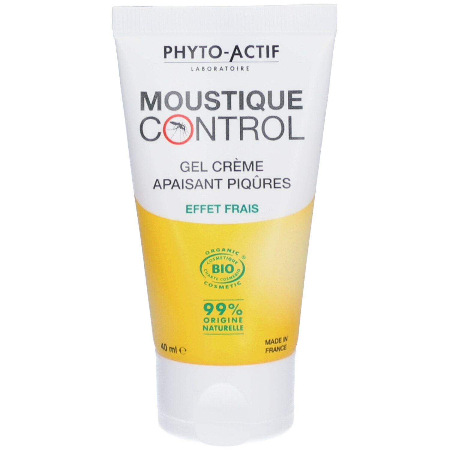 Tube blanc et jaune. Inscriptions: PHYTO-ACTIF, MOUSITQUE CONTROL, Gel Crème, Apaisant Piqûres. Certification bio. 40 ml.