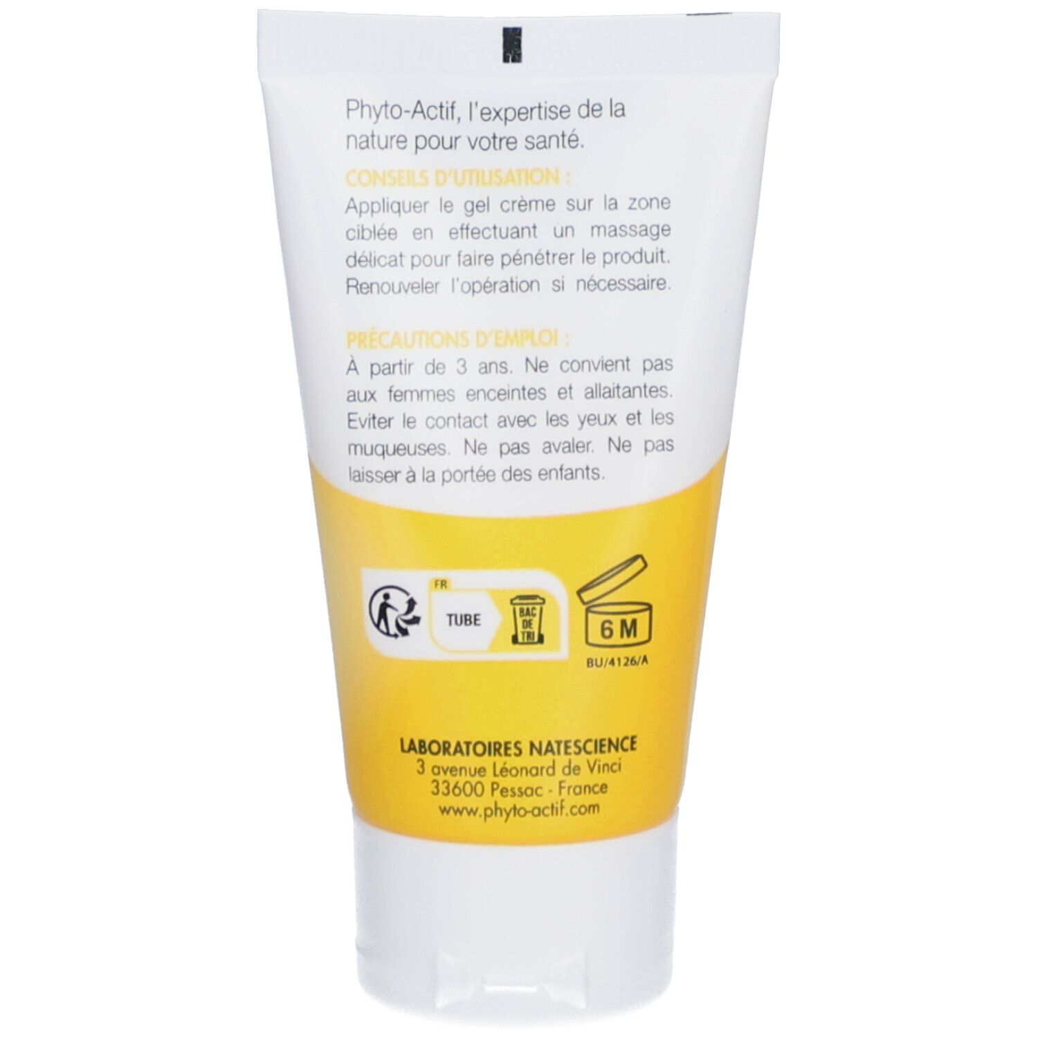 Dos du tube. Texte: Conseils d'utilisation, Précautions d'emploi. Logo: 6M. Adresse du fabricant: Laboratoires Natescience.