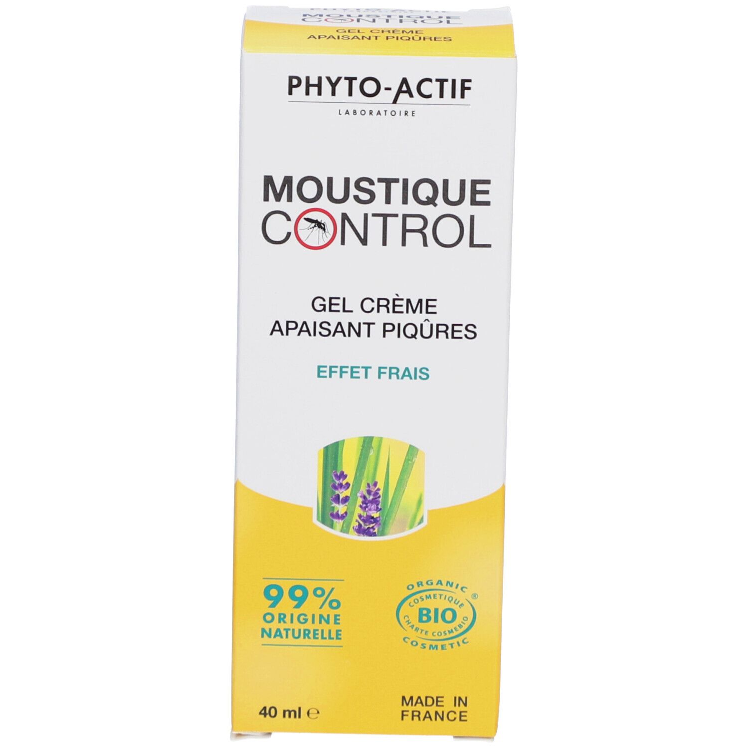 Emballage du produit. Jaune, blanc. Inscriptions: PHYTO-ACTIF, MOUSITQUE CONTROL, Gel Crème, Apaisant Piqûres. Certification bio. 40 ml.