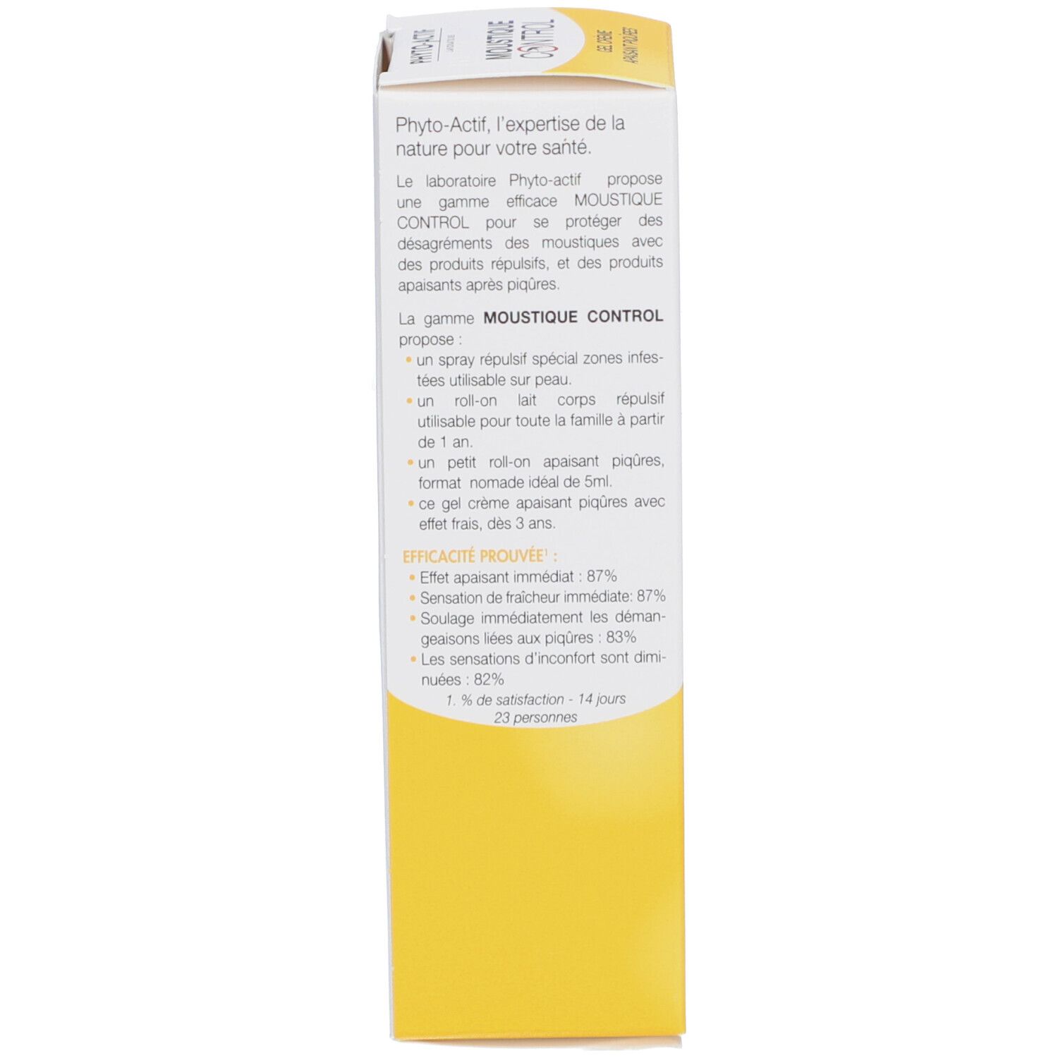 Emballage du produit. Côté gauche. Texte: Description du produit, avantages. Logo: Satisfaction 14 jours. Adresse du fabricant.