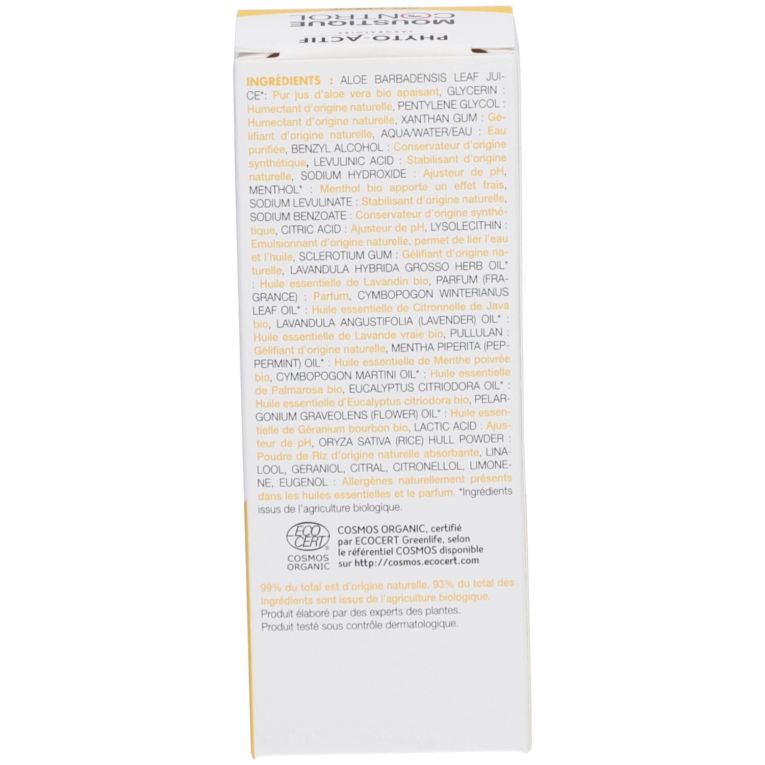 Emballage du produit. Côté droit. Liste des ingrédients. Logos: Cosmos Organic, Ecocert. 99% d'origine naturelle.