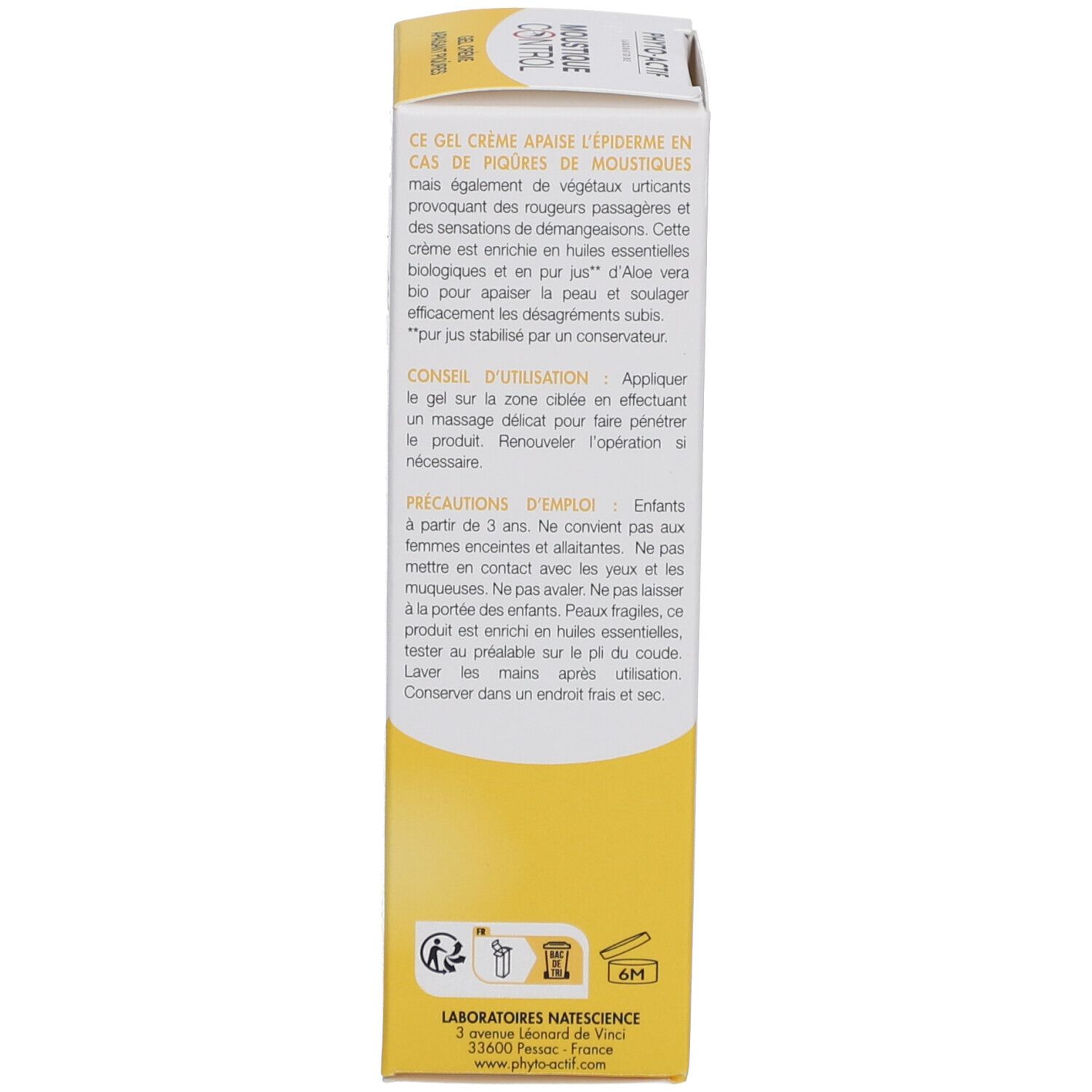 Emballage du produit. Dessus. Texte: Conseils d'utilisation. Logo: 6M. Adresse du fabricant.