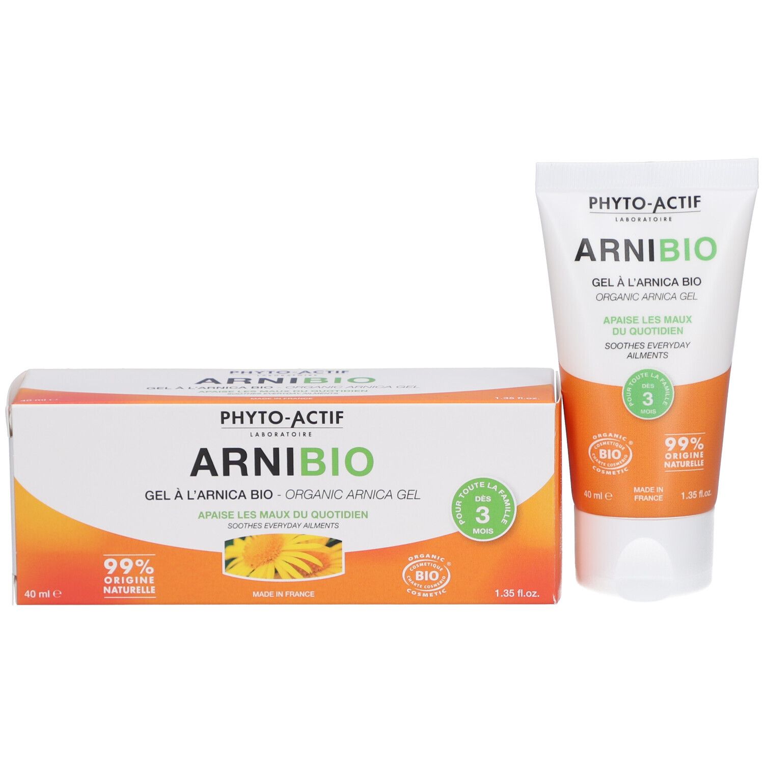 Pack produit avec tube et boîte. Inscription: ARNI BIO, Gel à l'arnica bio, 99% origine naturelle, label bio. Gel et boîte côte à côte.