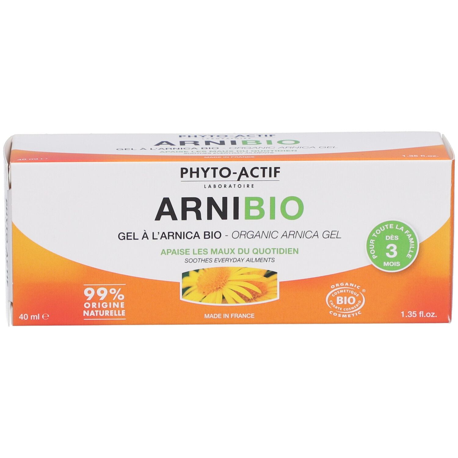 Boîte avec inscription: ARNI BIO, Gel à l'arnica bio, 99% origine naturelle, label bio. Gel et boîte côte à côte.