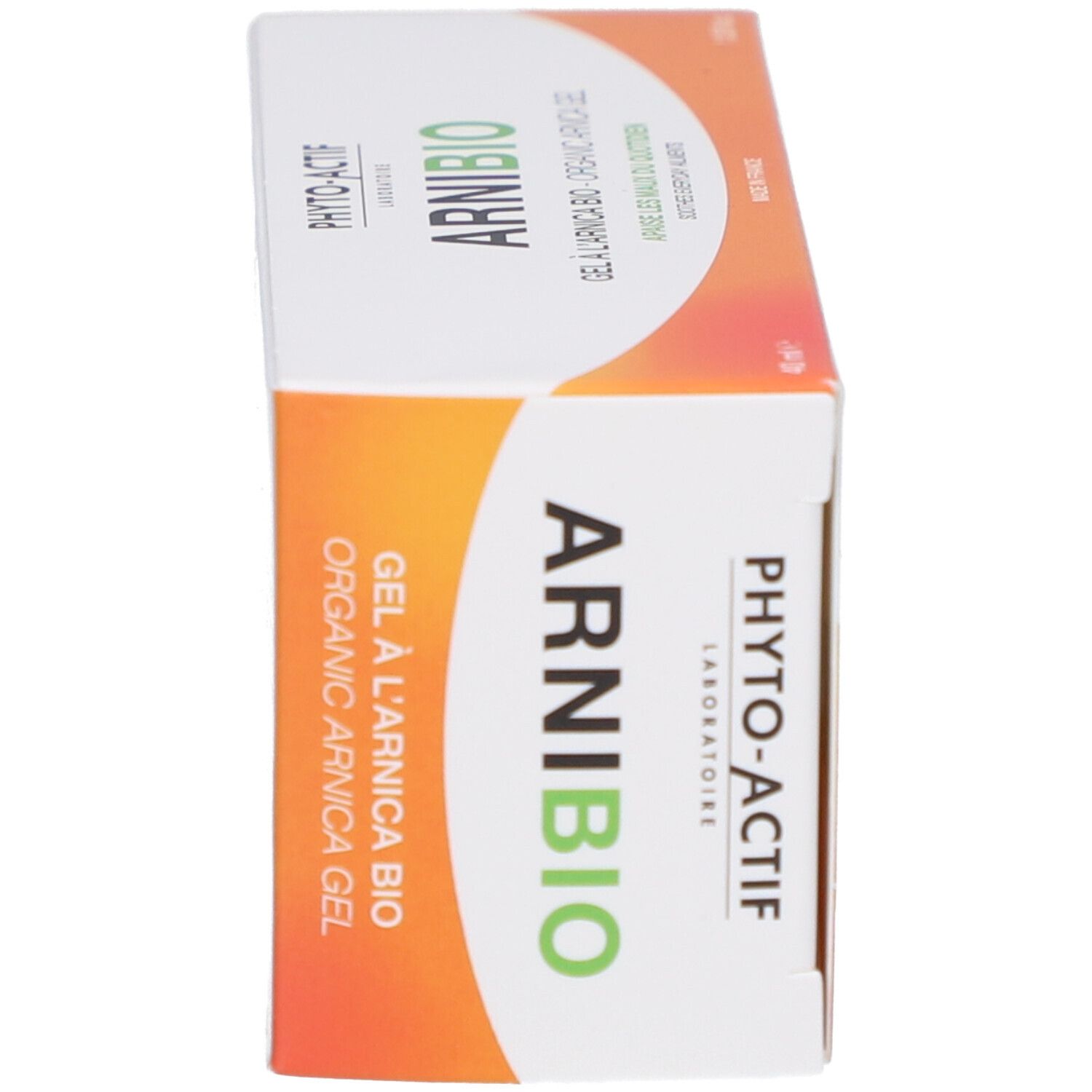 Boîte, vue latérale. Inscription: ARNI BIO, Gel à l'arnica bio. Fond orange.