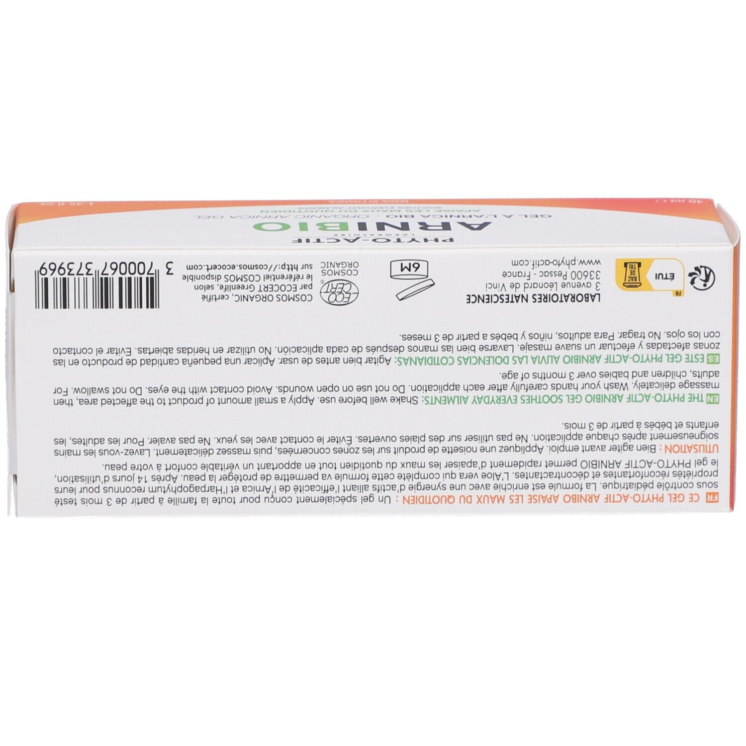 Boîte, dessous. Texte multilingue. Informations sur les ingrédients et le fabricant.