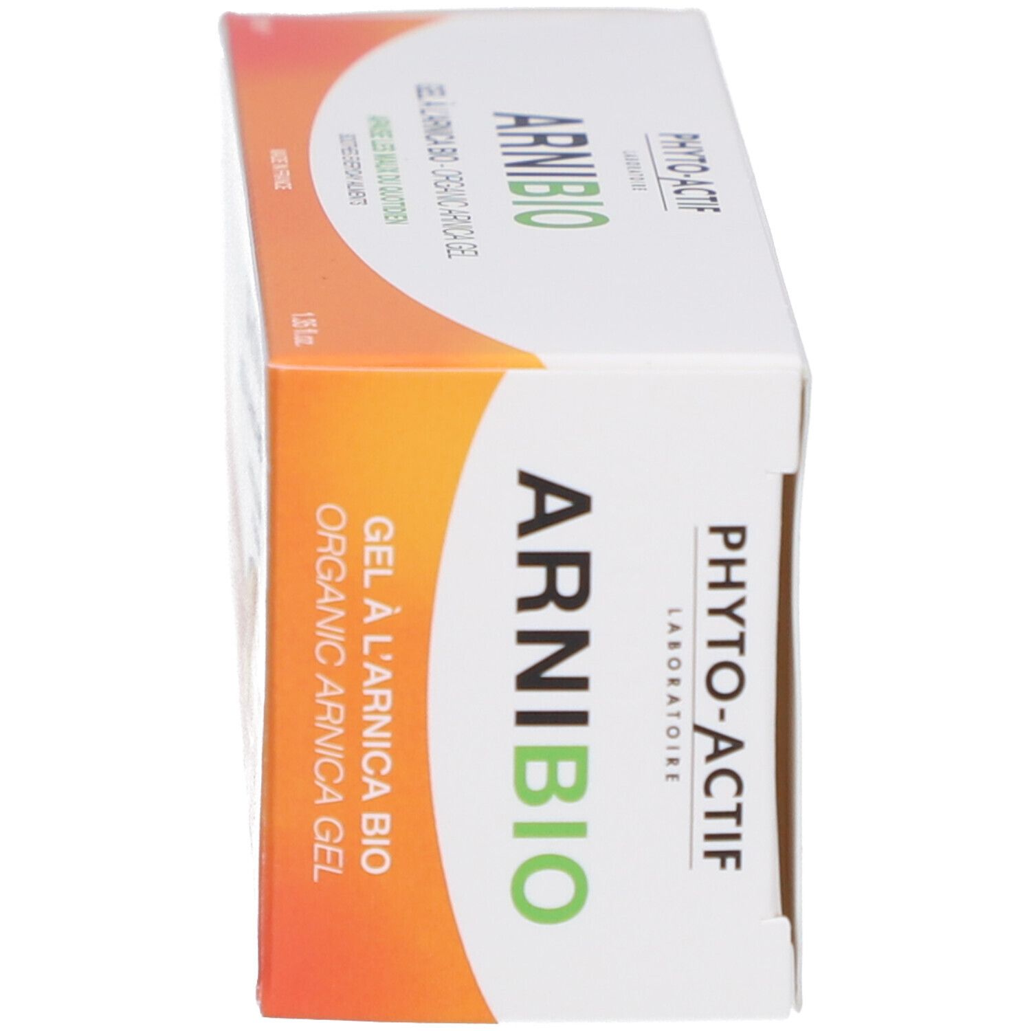 Boîte, vue latérale. Inscription: ARNI BIO, Gel à l'arnica bio. Fond orange.