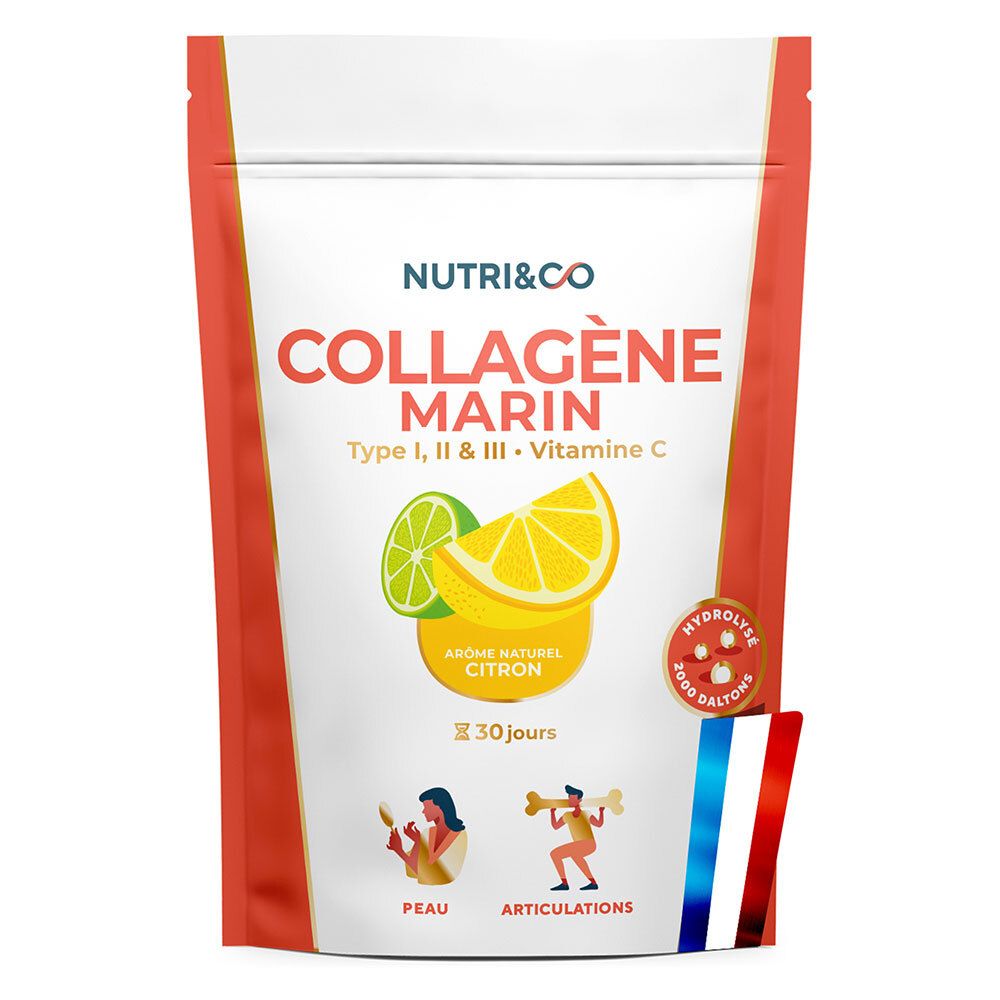 Beutel NUTRI&CO Collagène Marin, Zitrone. Enthält Typ I, II & III, Vitamin C. Abbildung von Zitrone und Illustrationen.