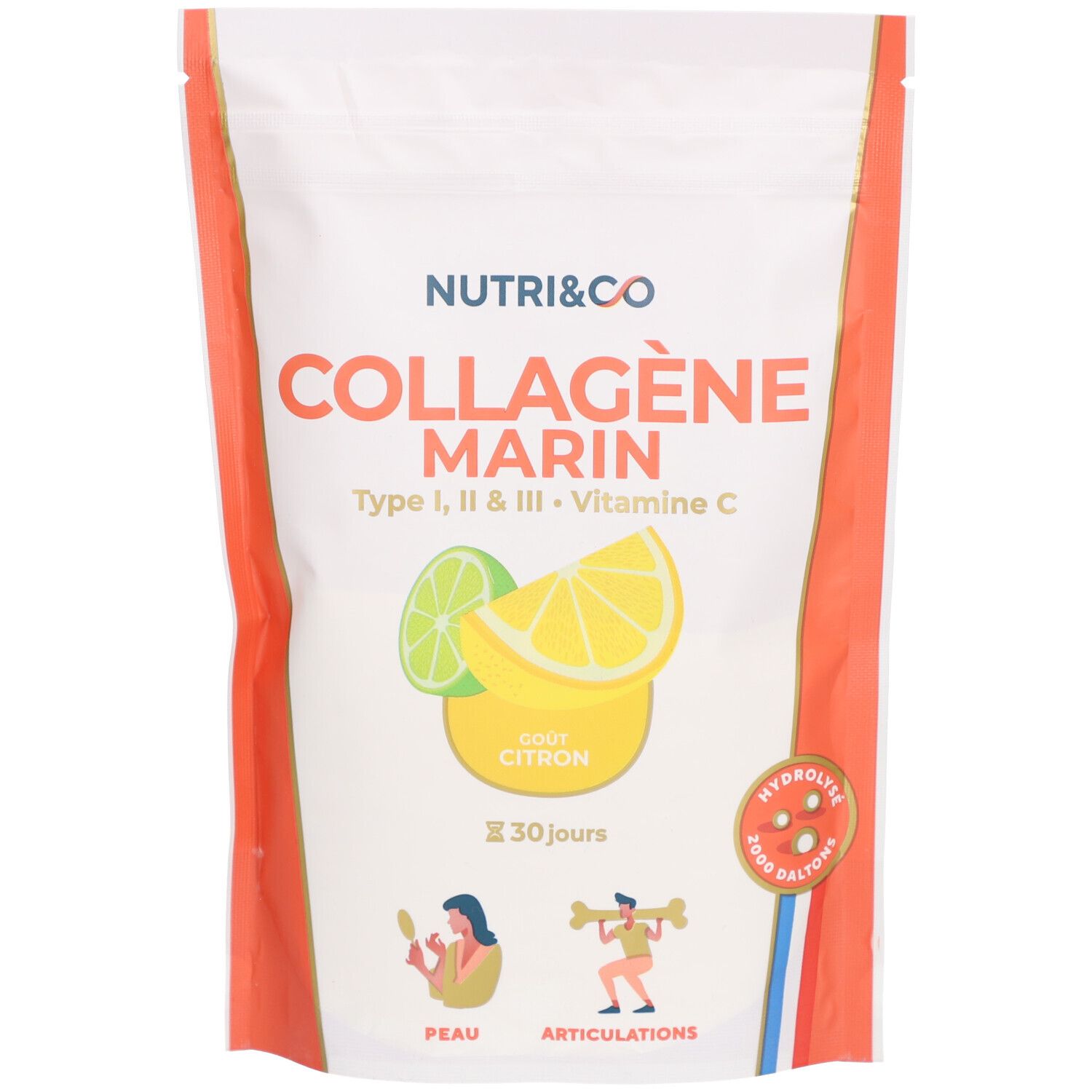 Beutel NUTRI&CO Collagène Marin, Zitrone. Enthält Typ I, II & III, Vitamin C. Abbildung von Zitrone und Illustrationen.