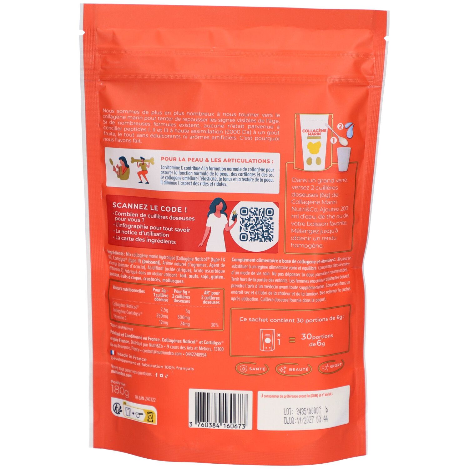 Rückseite des Beutels NUTRI&CO Collagène Marin. Text, QR-Code, Nährwerttabelle, Illustrationen und Informationen.