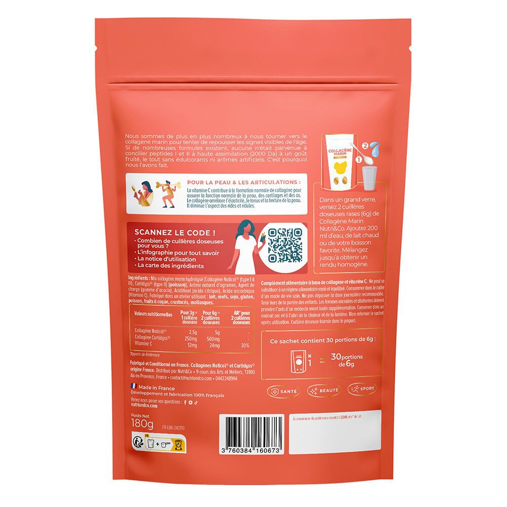 Rückseite des Beutels NUTRI&CO Collagène Marin. Text, QR-Code, Nährwerttabelle, Illustrationen und Informationen.