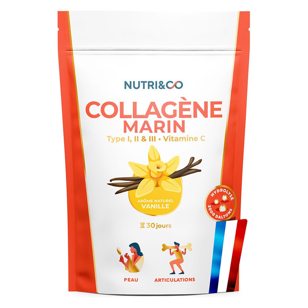 Sachet NUTRI&CO Collagène Marin, arôme vanille. Contient collagène types I, II & III et vitamine C. 30 jours.