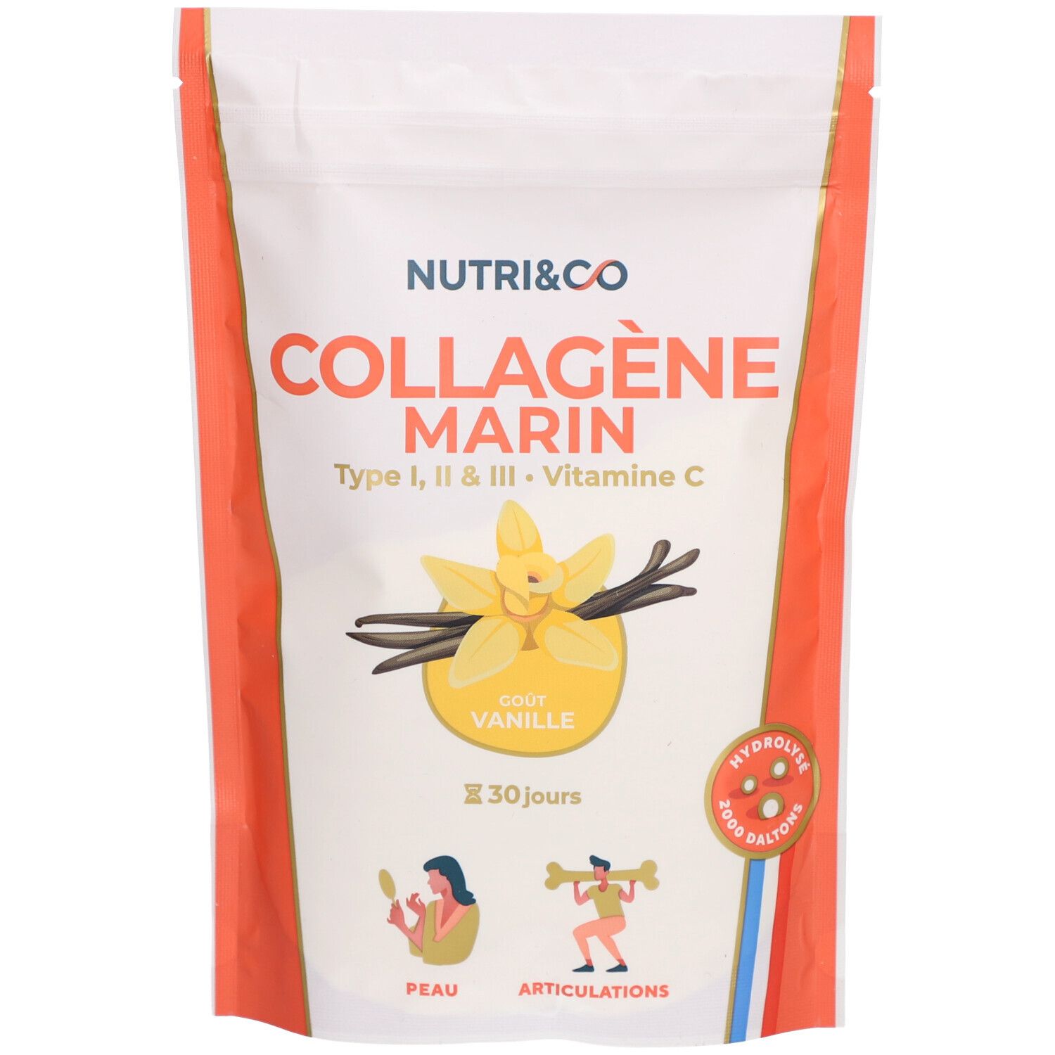 Sachet NUTRI&CO Collagène Marin, arôme vanille. Contient collagène types I, II & III et vitamine C. 30 jours.