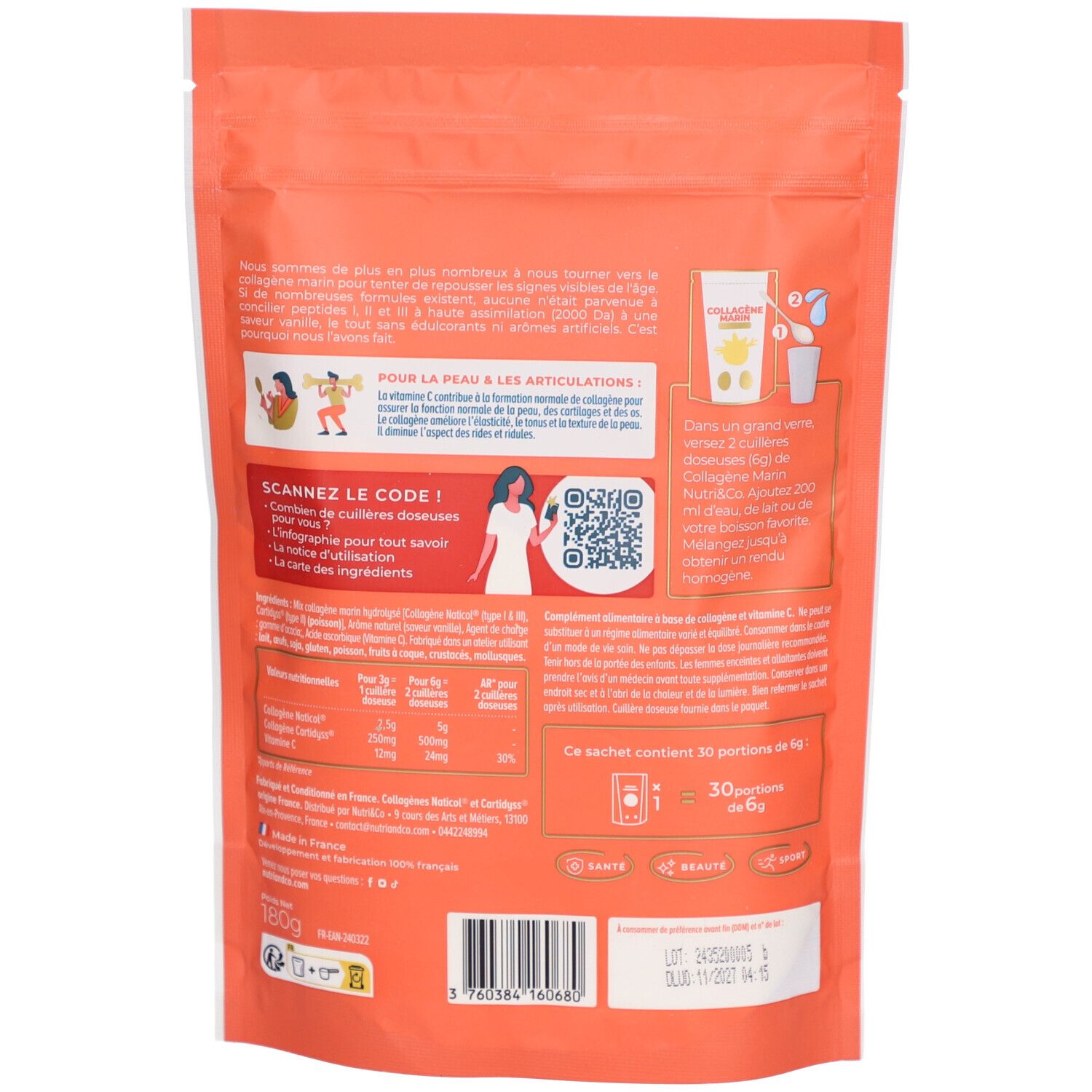 Dos du sachet NUTRI&CO Collagène Marin. Informations sur ingrédients, utilisation et valeurs nutritionnelles.