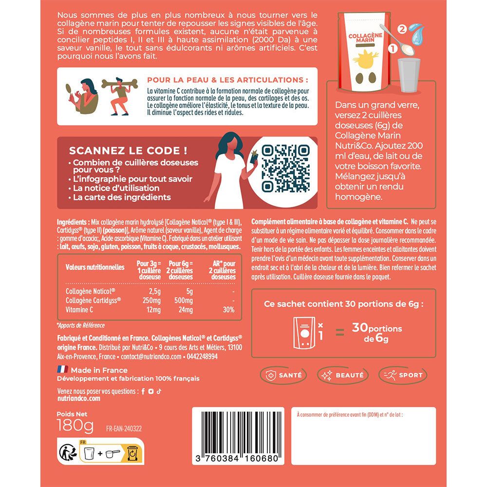 Personne tenant un sachet NUTRI&CO Collagène Marin. Emballage avec logo et informations produit.