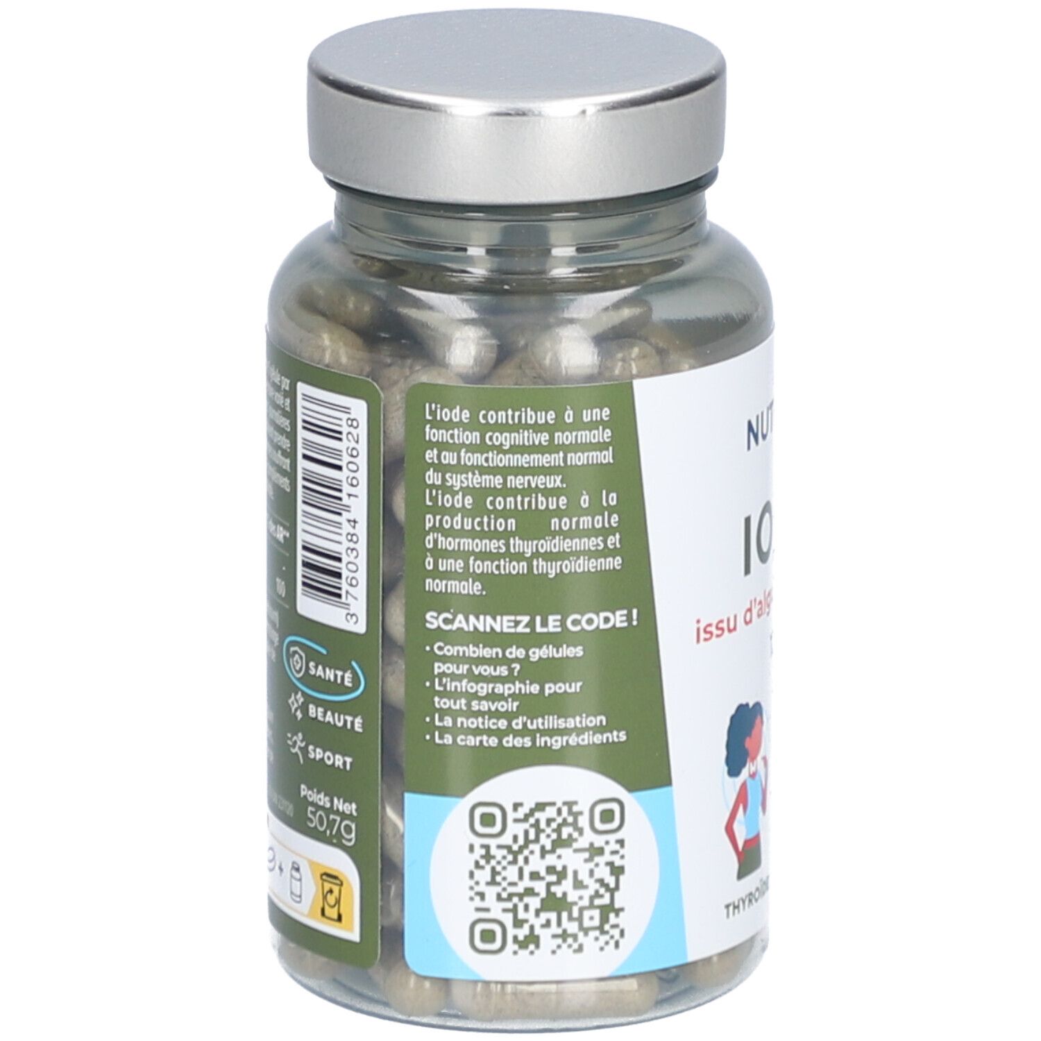 Dos du flacon avec gélules. Texte et QR code. Inscription: NUTRI&CO IODE. Illustration: thyroïde. Code-barres. 50,7g.