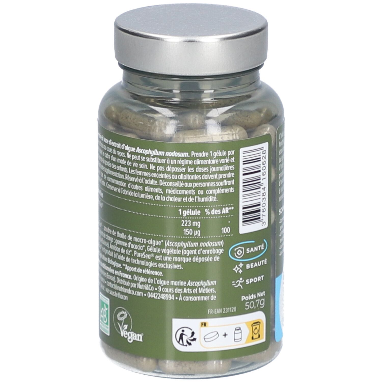 Dos du flacon avec gélules. Texte, ingrédients, valeurs nutritionnelles. Certifications: AB, Vegan. Poids net: 50,7g. FR-EAN 231120.