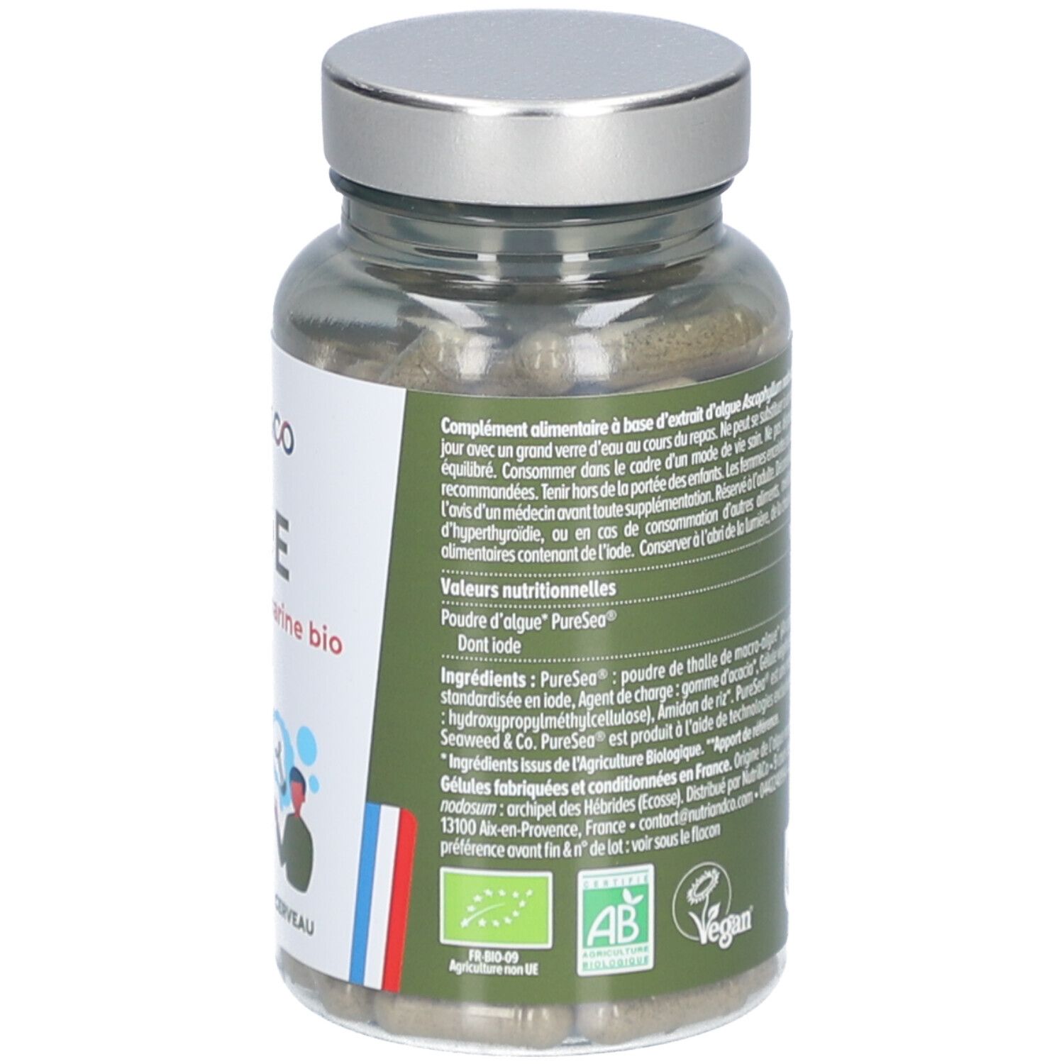 Dos du flacon avec gélules. Texte, ingrédients, valeurs nutritionnelles. Certifications: AB, Vegan. Poids net: 50,7g. FR-EAN 231120.