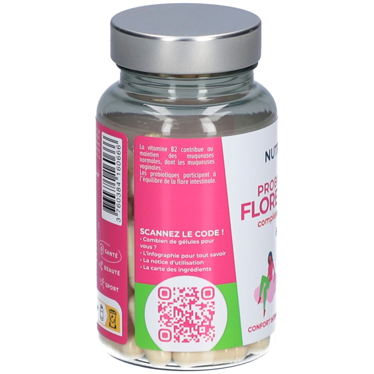 Dos du flacon. Étiquette avec informations produit, QR code et ingrédients. Gélules visibles.