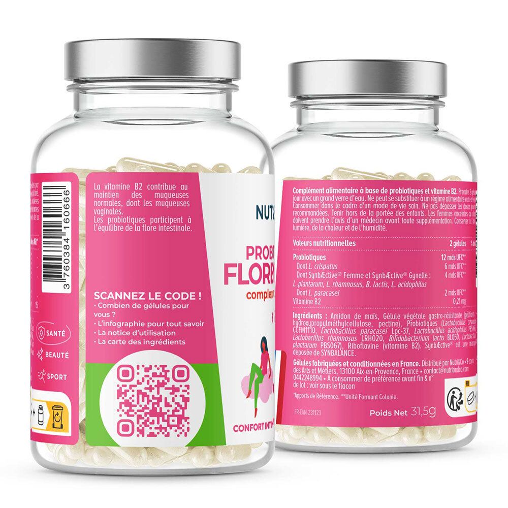 Dos du flacon. Étiquette avec informations produit, QR code et ingrédients. Gélules visibles.