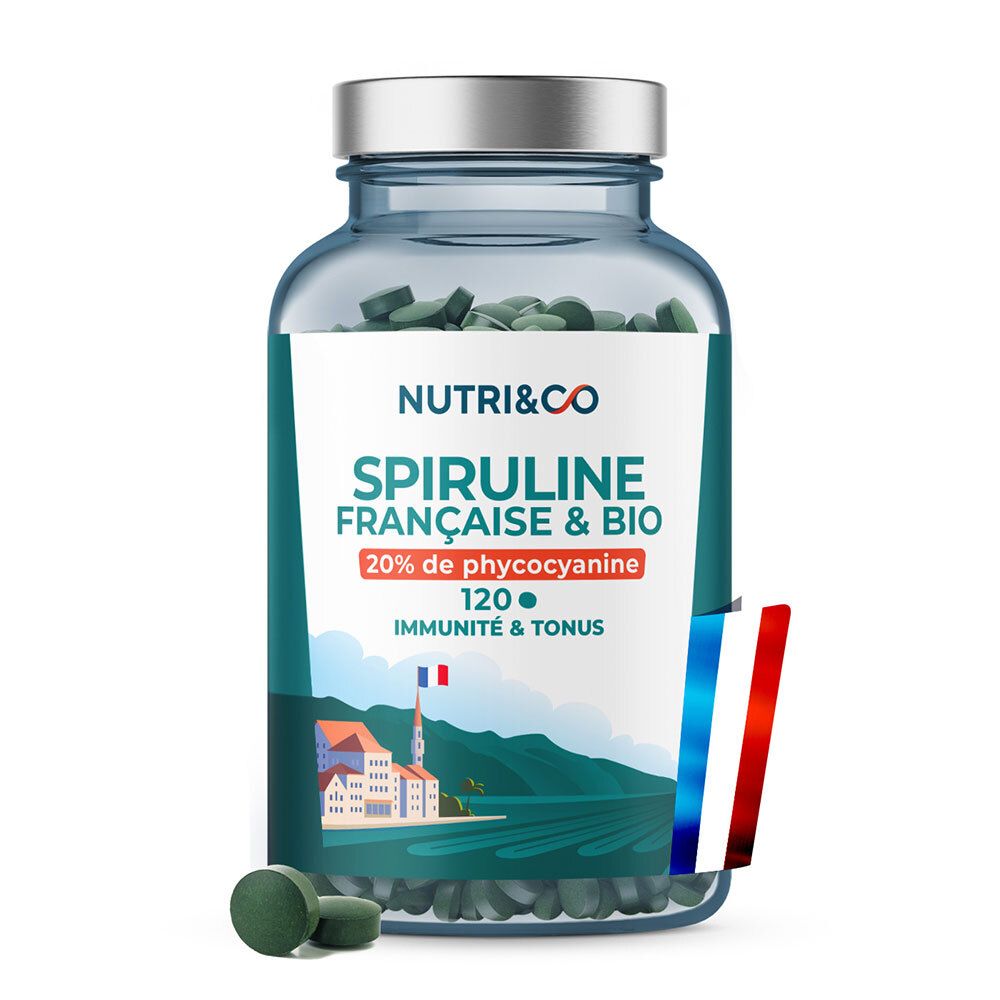Flacon de Spiruline Française & Bio, 120 comprimés. Ingrédients et informations nutritionnelles. Drapeau français.