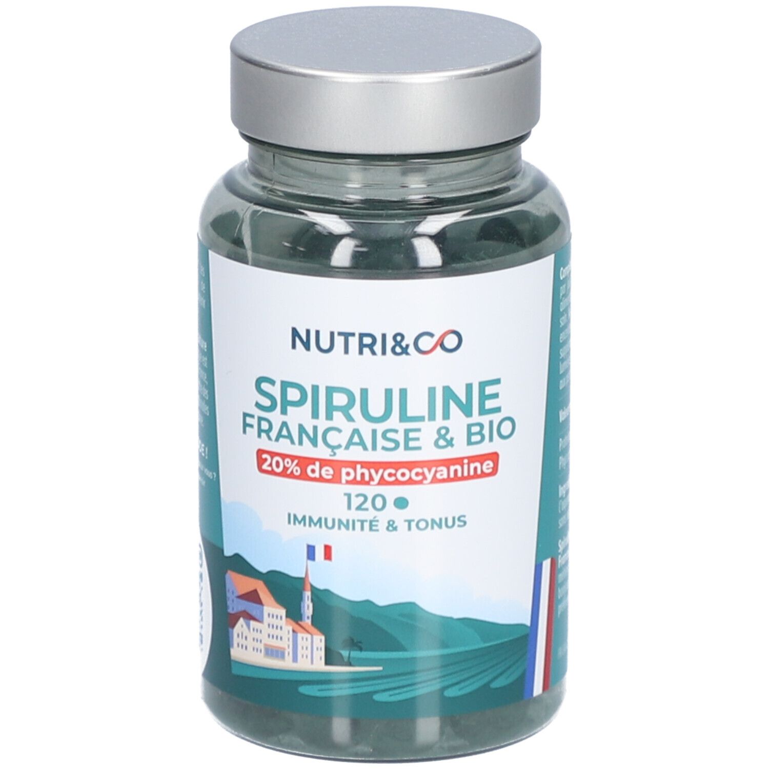 Flacon de Spiruline Française & Bio, 120 comprimés. Ingrédients et informations nutritionnelles. Drapeau français.