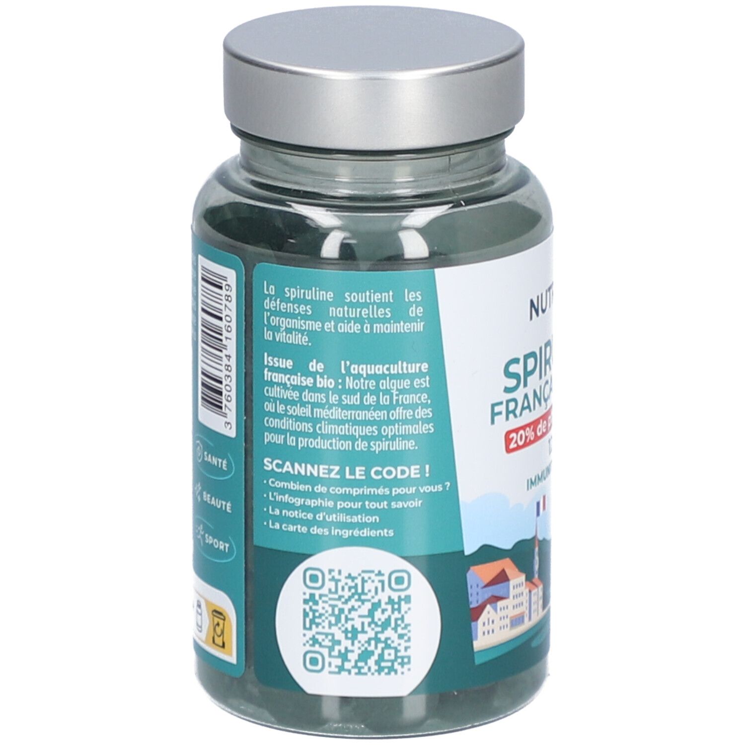 Dos du flacon Spiruline Française & Bio. Texte sur la culture de la spiruline et informations nutritionnelles. QR code.