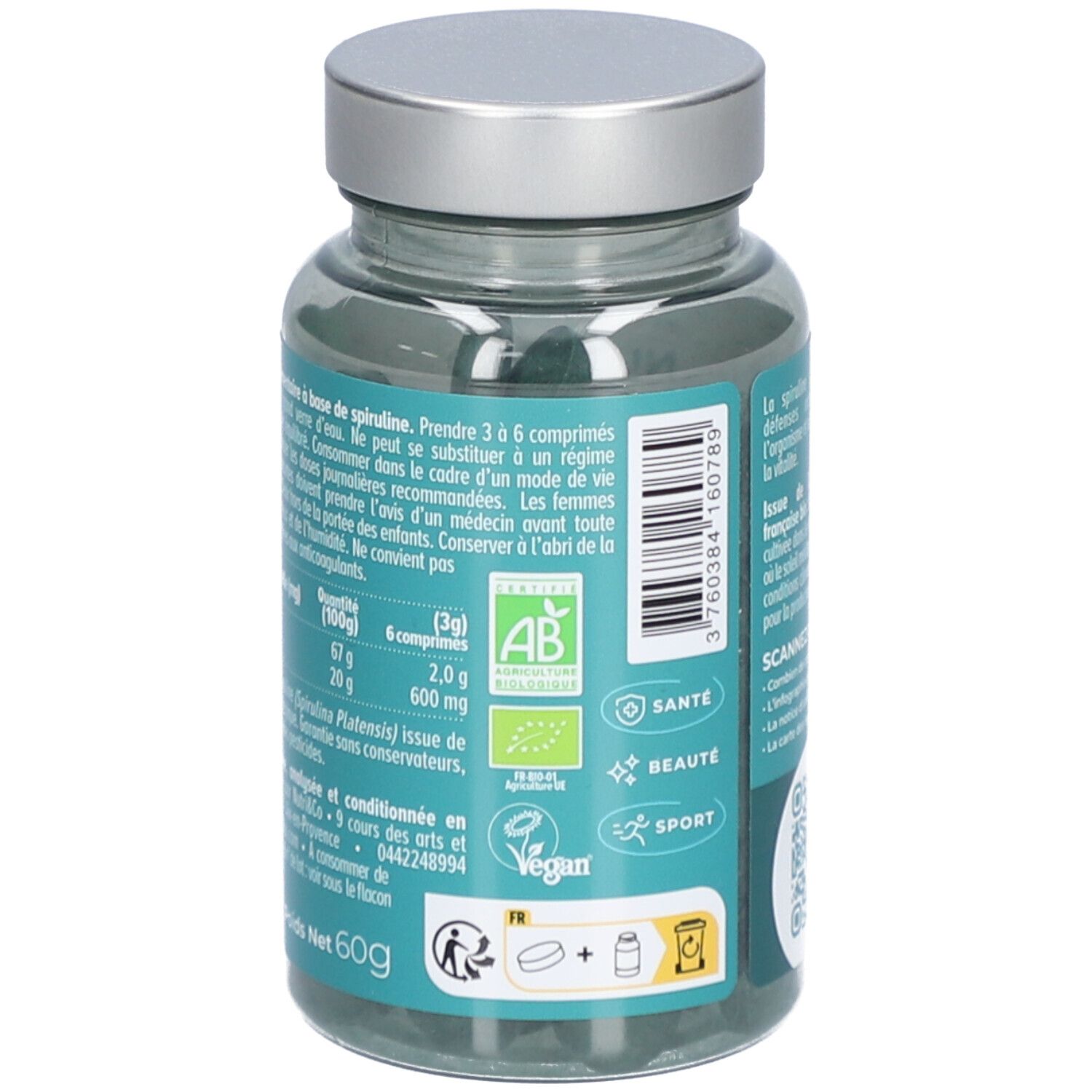 Dos du flacon Spiruline Française & Bio. Texte sur la culture de la spiruline et informations nutritionnelles. QR code.
