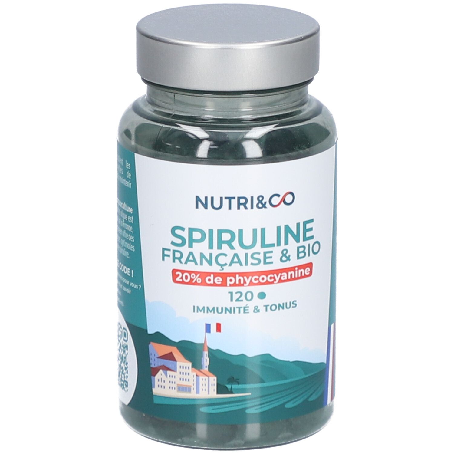 Flacon de Spiruline Française & Bio, 120 comprimés. Ingrédients et informations nutritionnelles. Drapeau français.