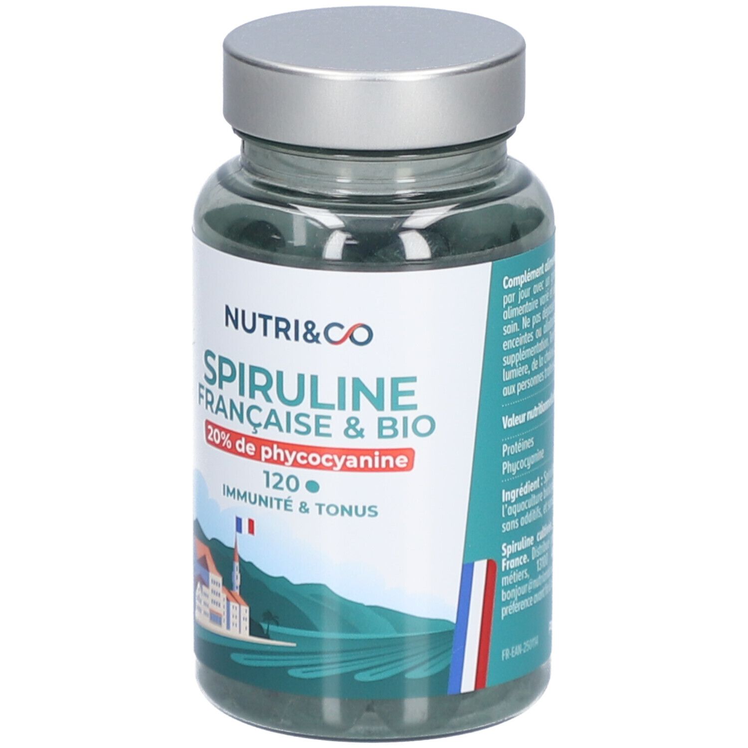 Flacon de Spiruline Française & Bio, 120 comprimés. Ingrédients et informations nutritionnelles. Drapeau français.