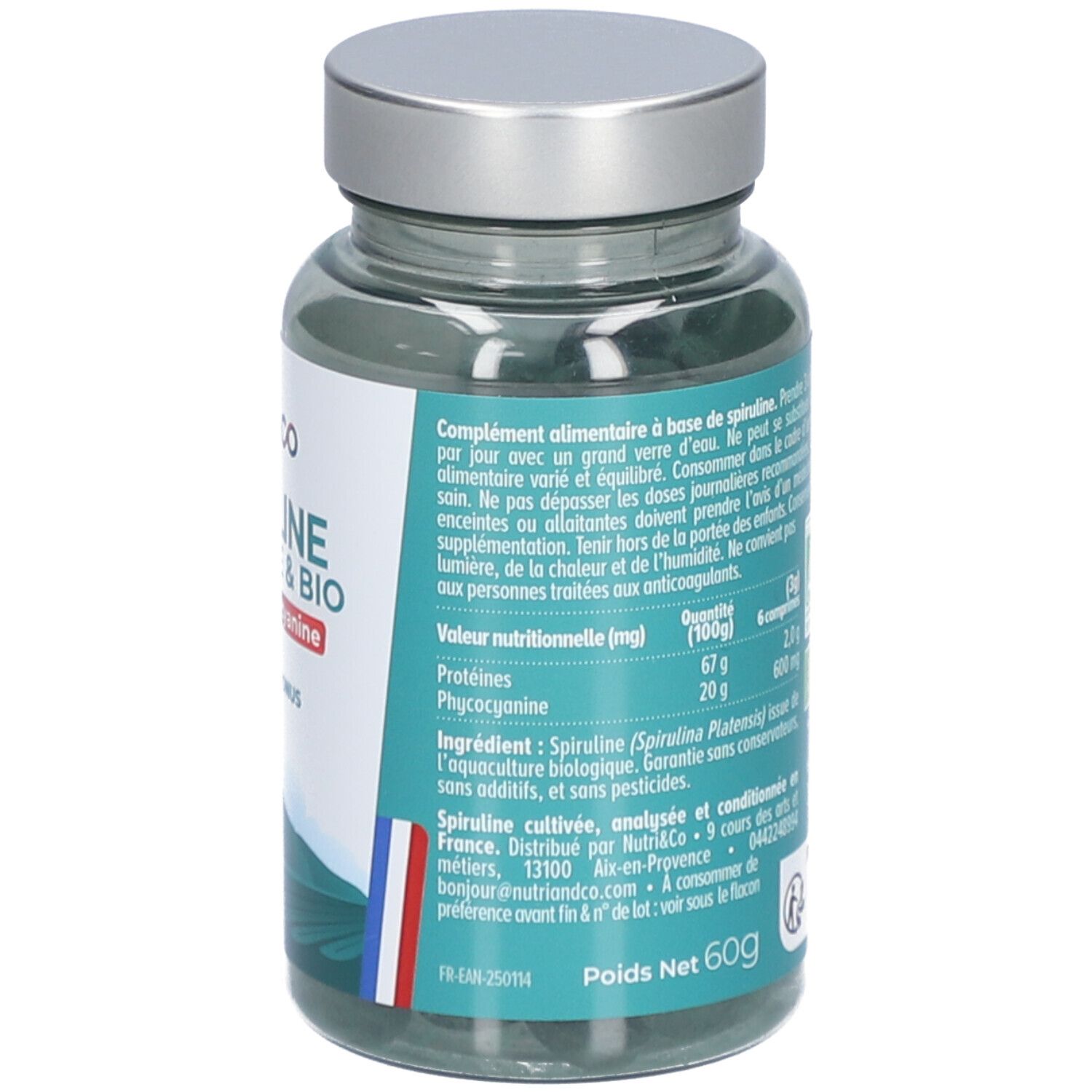 Dos du flacon Spiruline Française & Bio. Texte sur la culture de la spiruline et informations nutritionnelles. QR code.