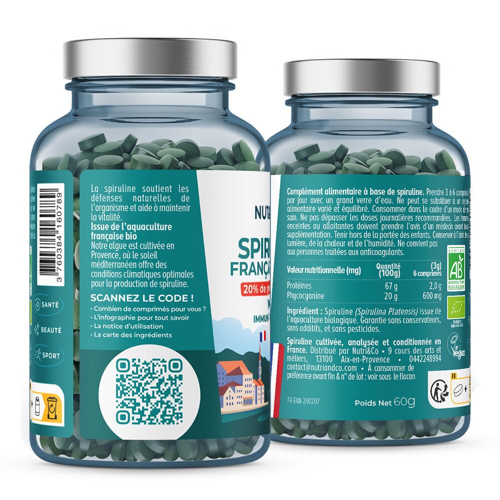 Dos du flacon Spiruline Française & Bio. Texte sur la culture de la spiruline et informations nutritionnelles. QR code.