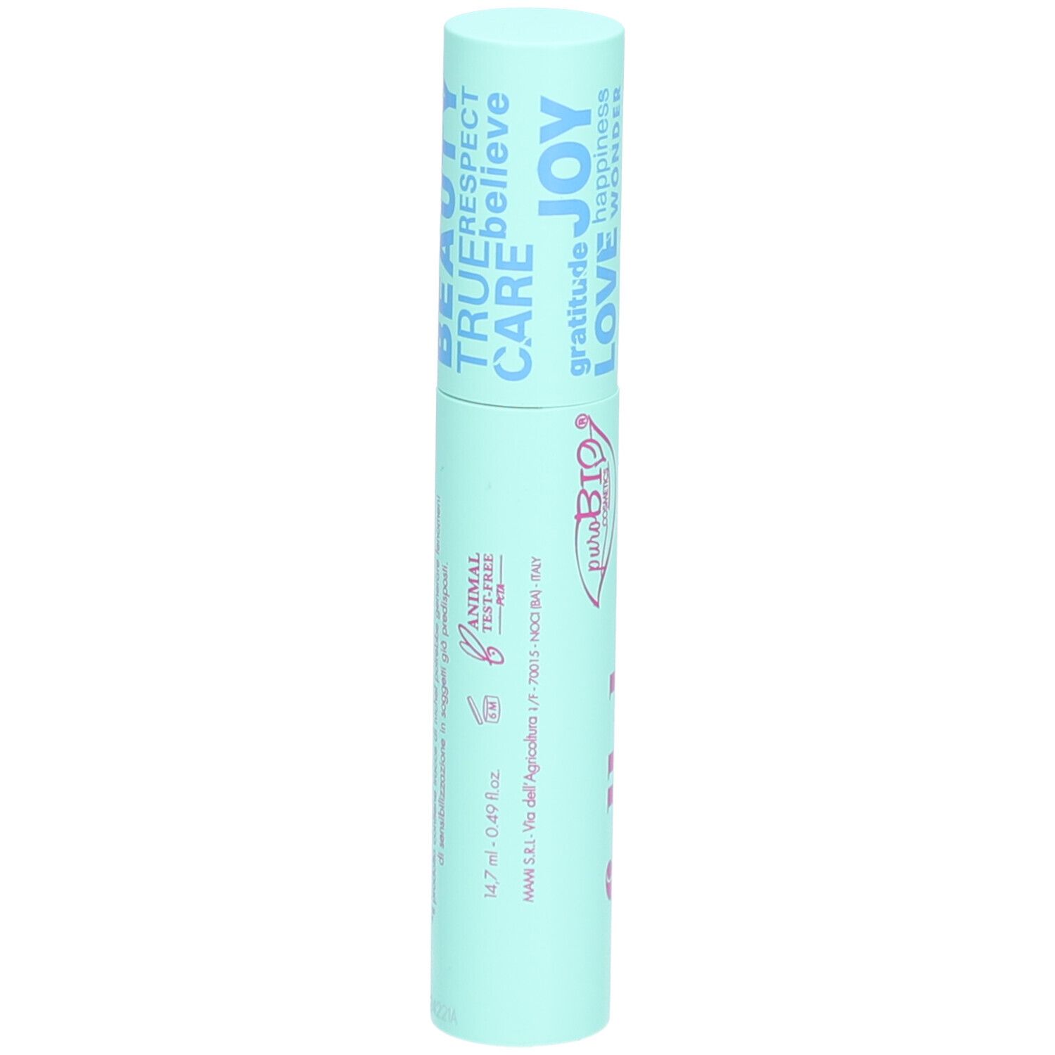 Hellgrüner Mascara-Tube mit Aufschrift "full love" und "extra volume mascara". Tierversuchsfrei-Logo.