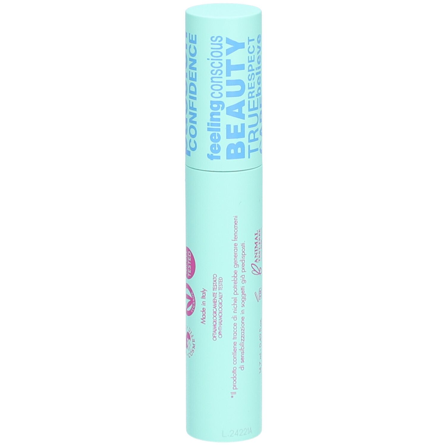 Hellgrüner Mascara-Tube mit Aufschrift "full love" und "extra volume mascara".