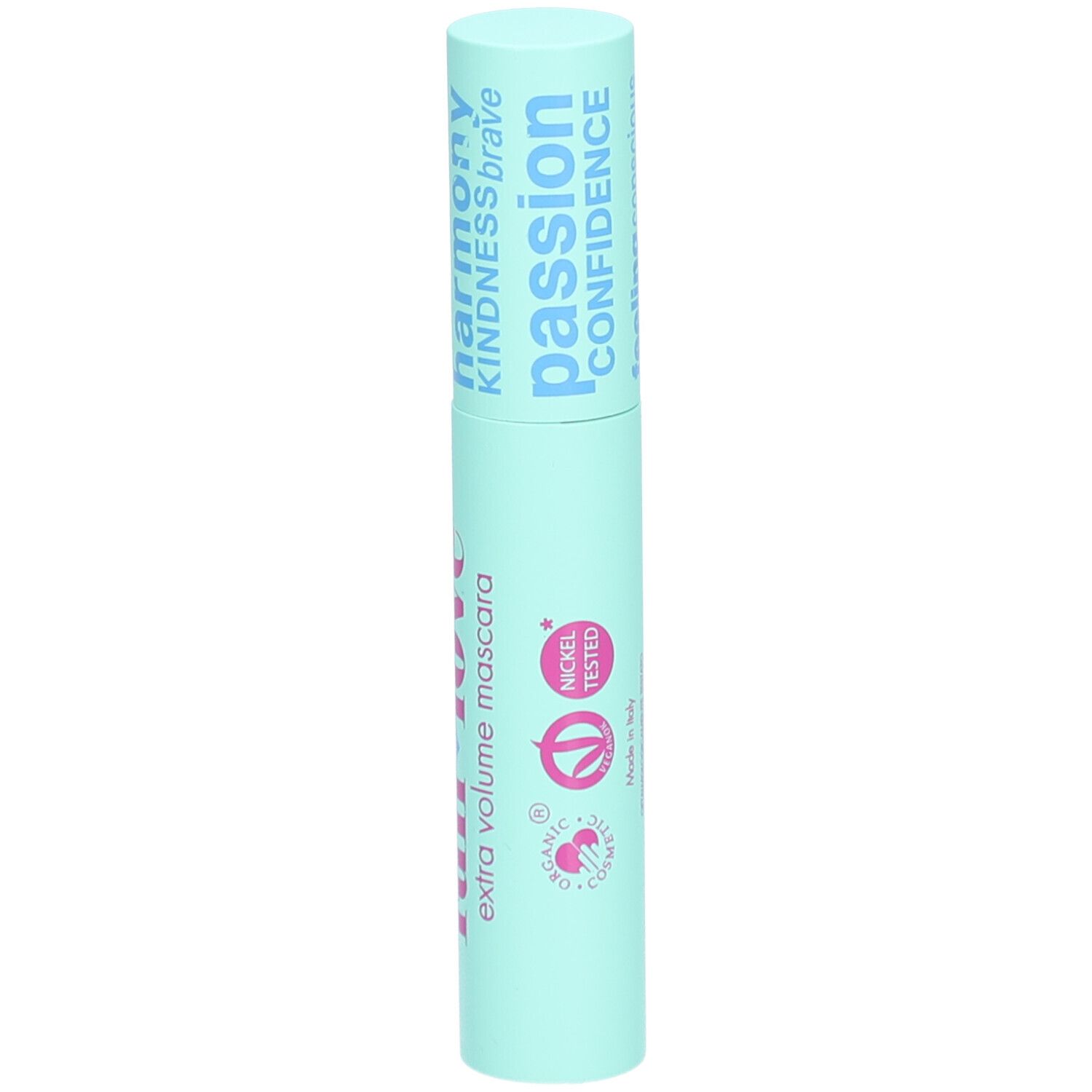 Hellgrüner Mascara-Tube mit Aufschrift "full love" und "extra volume mascara". Nickel getestet.